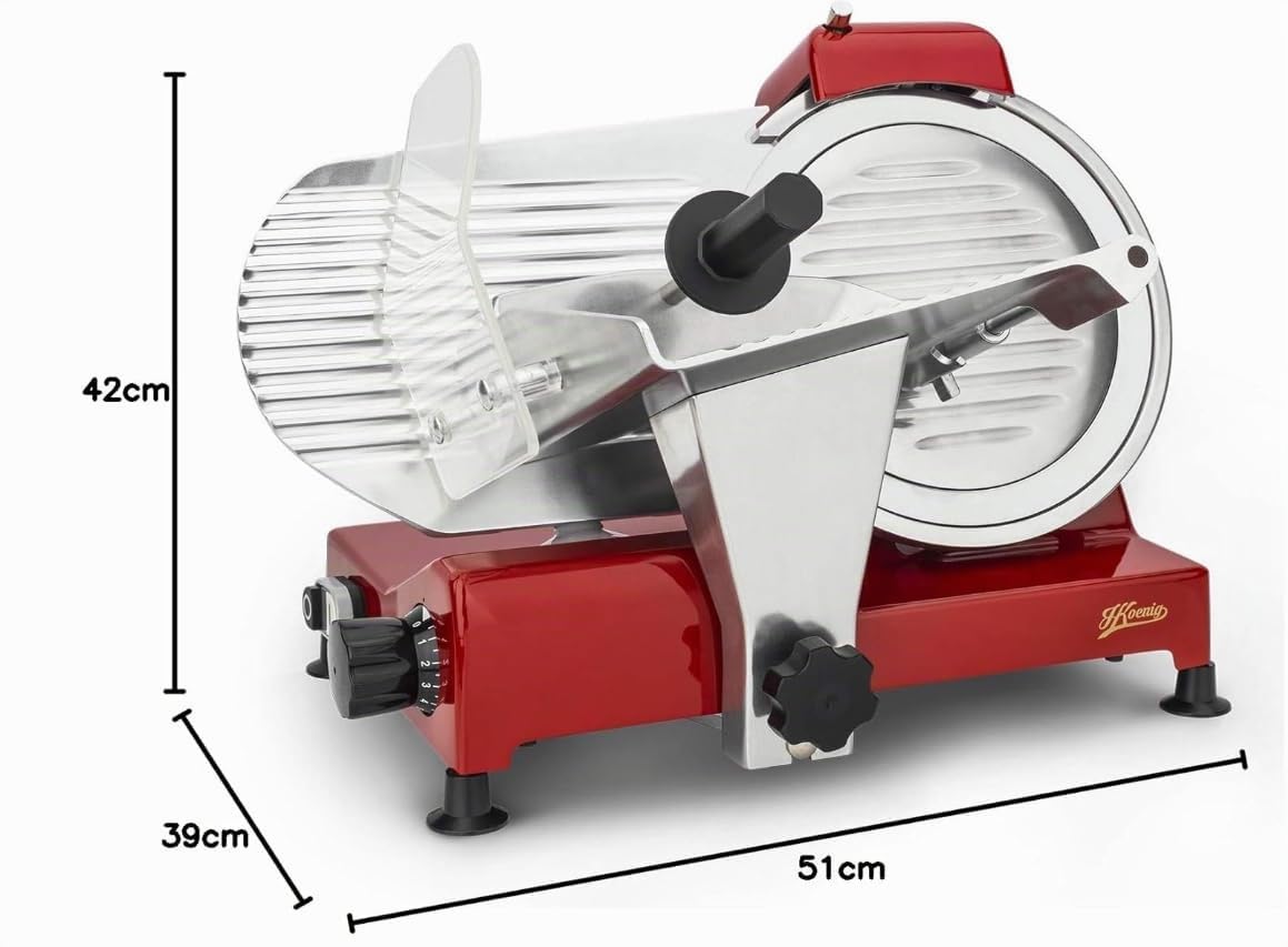 H.Koenig Elektrischer Fleischschneider MSX254, Wurstwaren, professionell, präzise,Schnitt 0-12 mm,Klinge 25 cm,eingebauter Schärfer,breite Platte,282 rpm, Rot