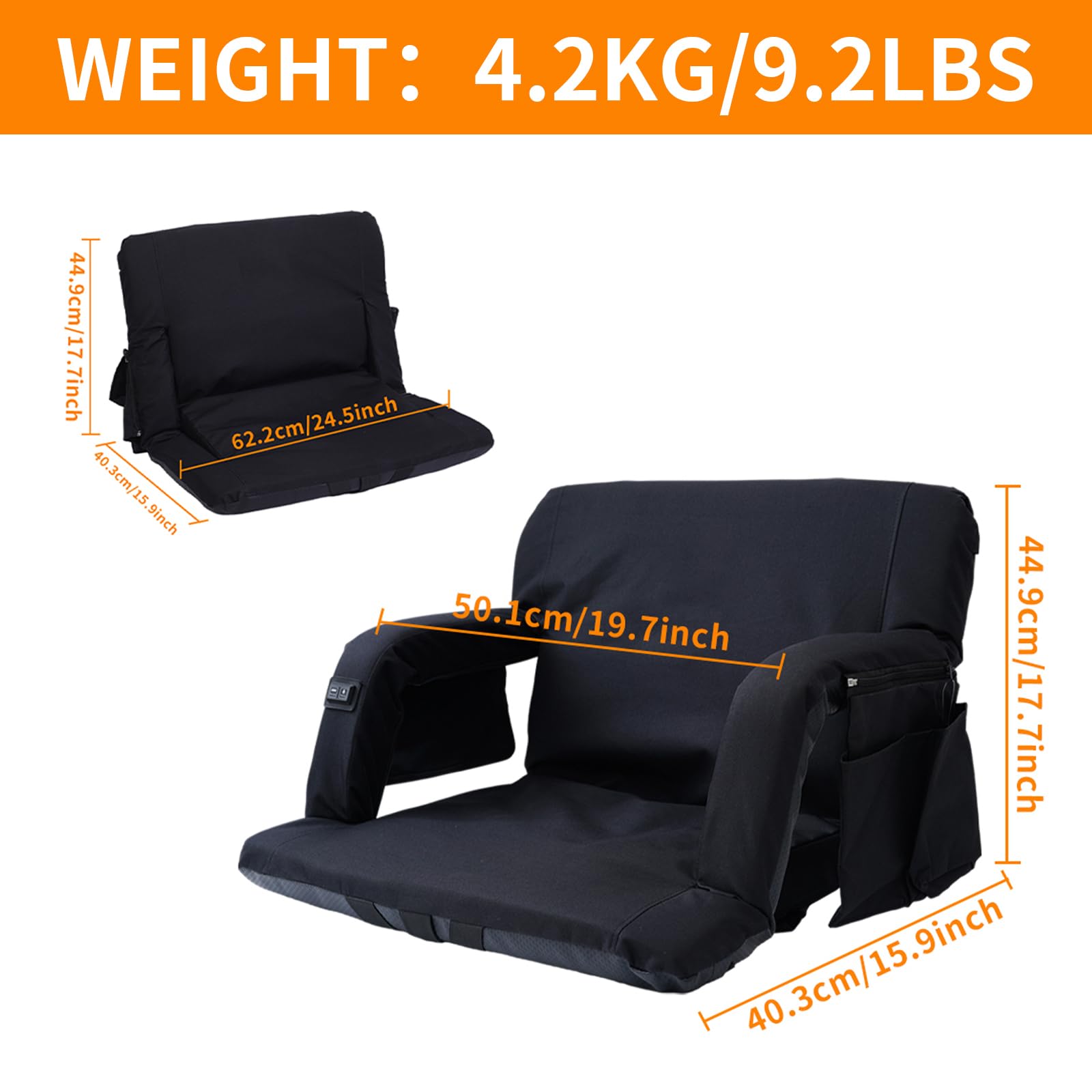 WORKOOT Heated Stadium Seats, Bleacher Chairs, Heated Stadium Seat, Bleacher Seat with Massage, Reclining, Waterproof Cushion, Ultimate Comfort Complete with Shoulder Straps (Extra-Wide Seat 1-Pack)