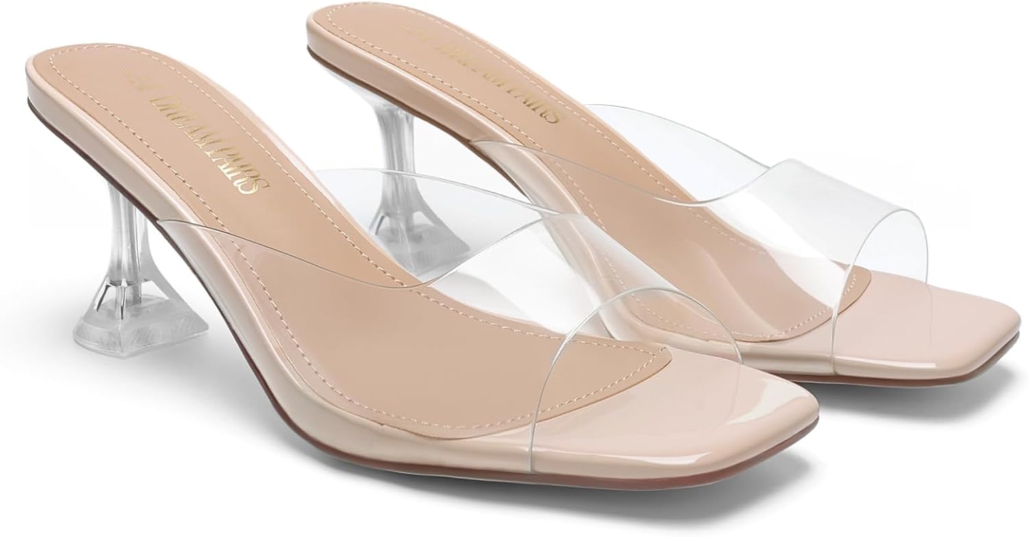 DREAM PAIRS Women's Clear Heeled Sandals Square Toe Transparent Stiletto Mules Slip on Wedding Dress Shoes - Image 4