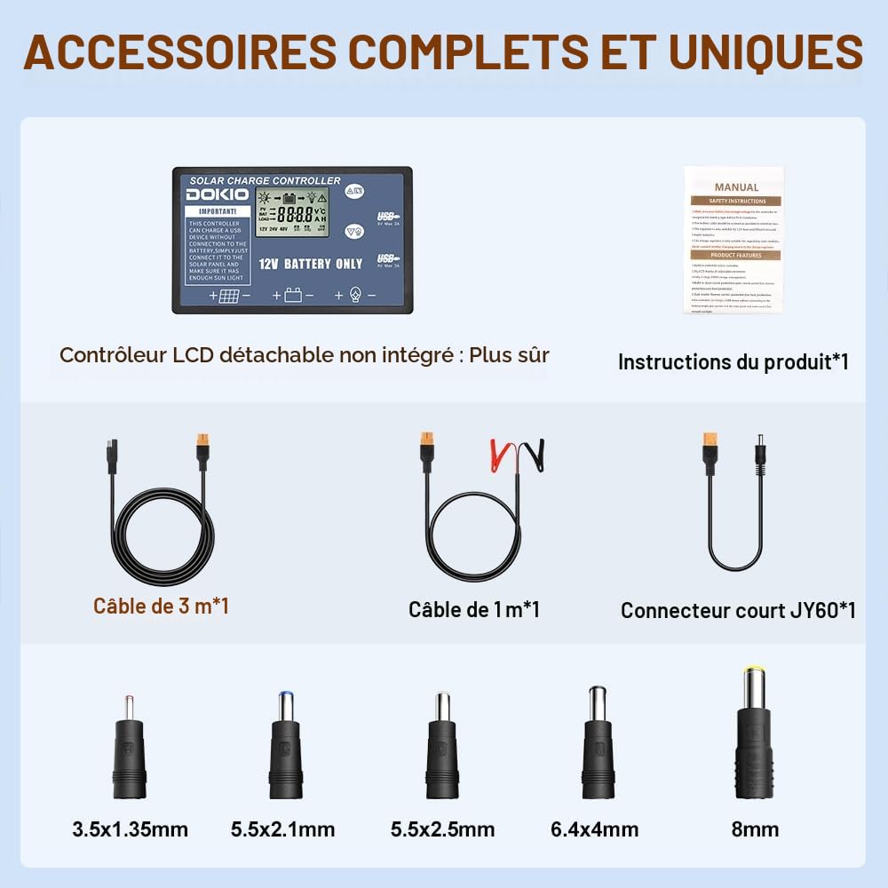 DOKIO Panneau Solaire 100W 12V PLIABLE MONOcristallin AVEC INVERSEUR Solaire 2 ports USB Pour Plein air