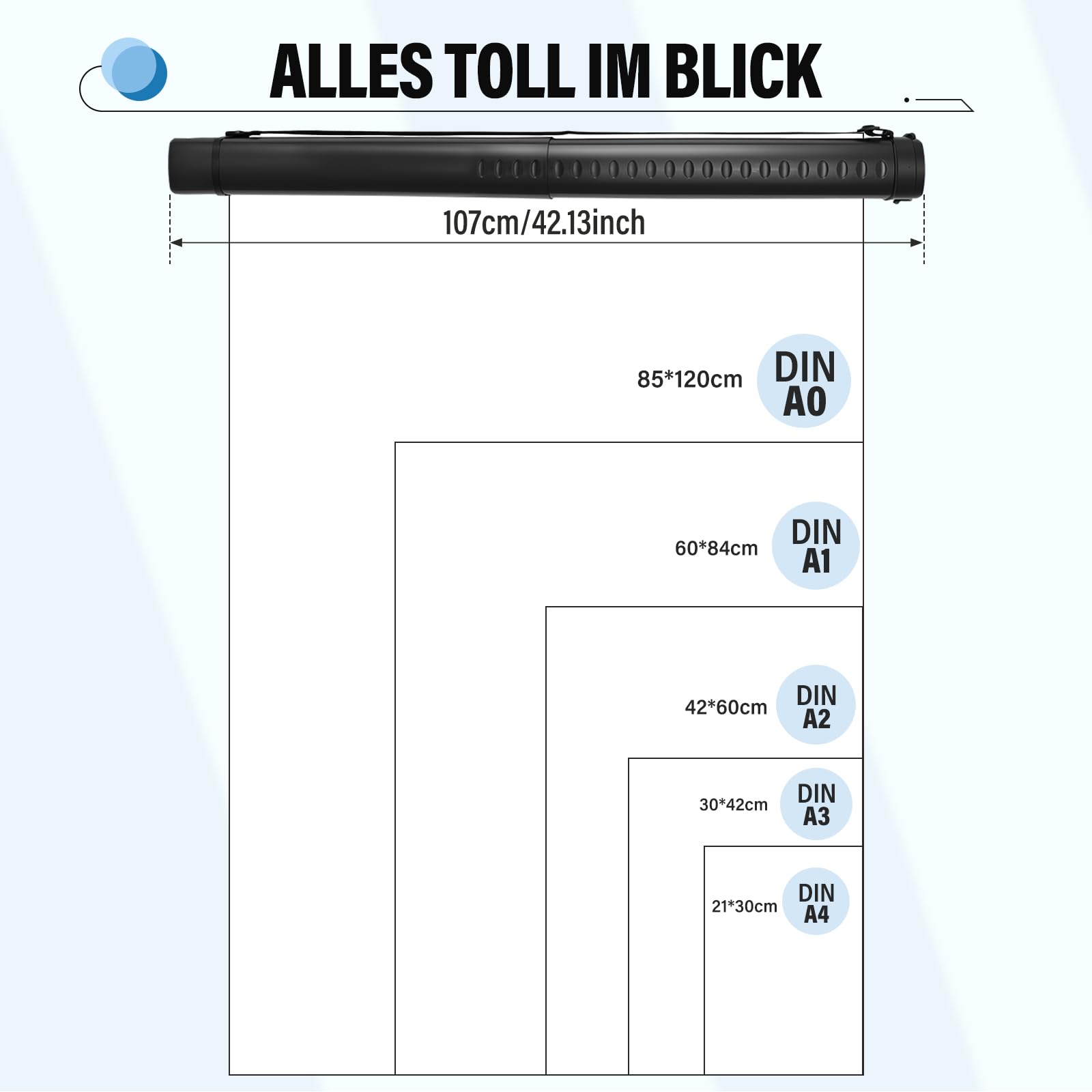 DEWEL Teleskop Posterrolle A0, Transportrolle Zeichenrolle, 62–107cm, Köcher für Bilder Poster und Flipchart Papier, Länge und Tragegurt verstellbar Kunststoff Zeichnungen 1 Stück (Schwarz)