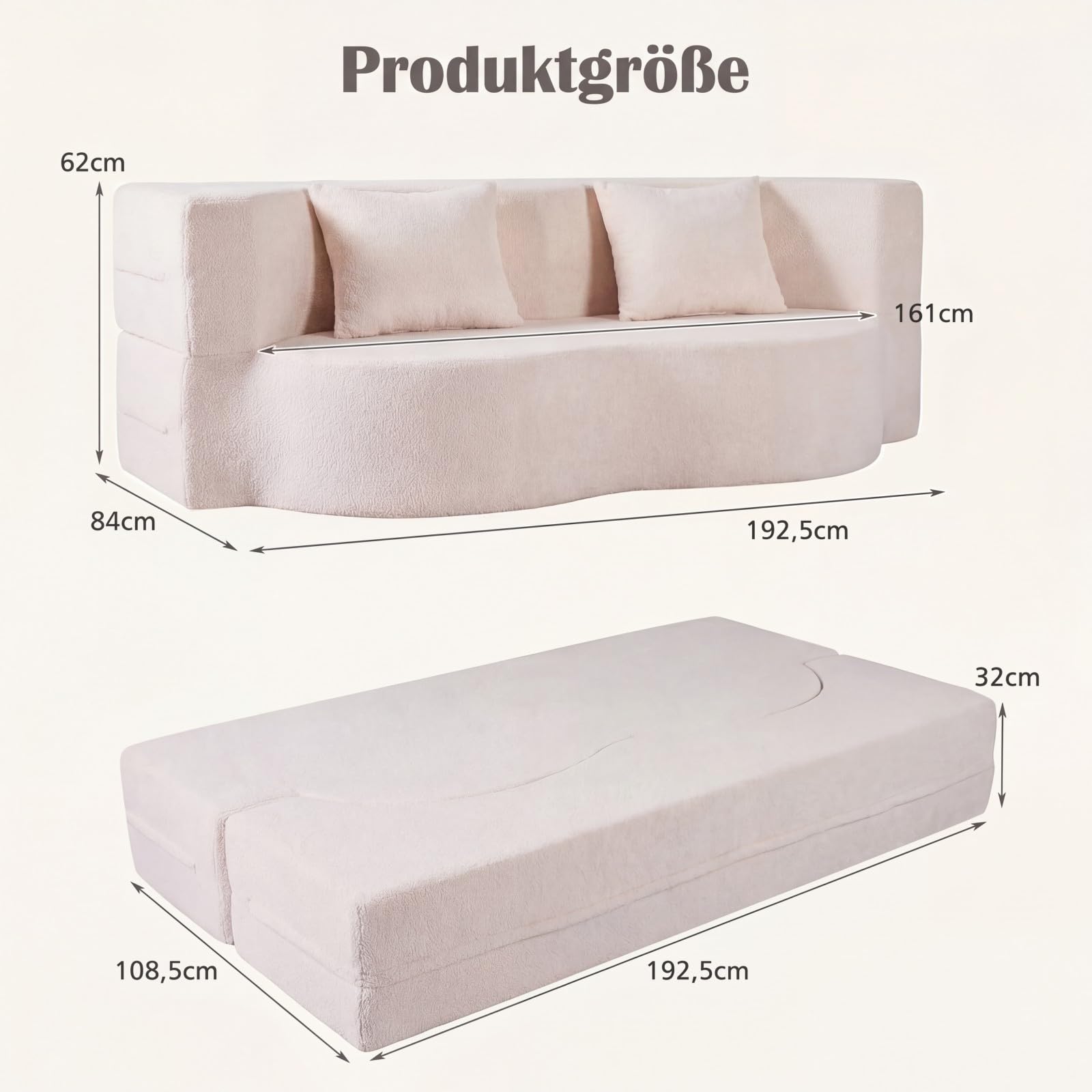 COSTWAY sofa rozkładana, bezresorowe sofa do spania z 2 wygodnymi poduszkami i pianką memory, sofa z podłogą z pluszowym polarem z funkcją spania, sofa do spania do salonu, do pokoju gościnnego