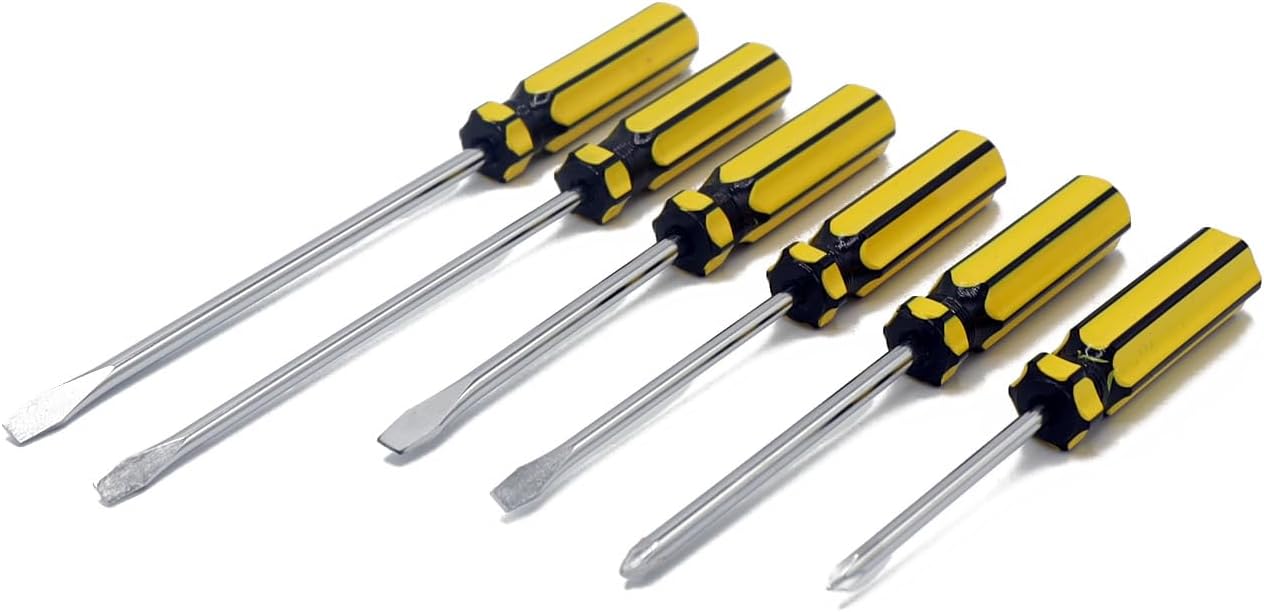 6-Piece Screwdriver Set with Wall Rack, Tiger Stripe Handle, Carbon Steel Blade, Magnetic, Chrome Plated, Phillips and Slotted