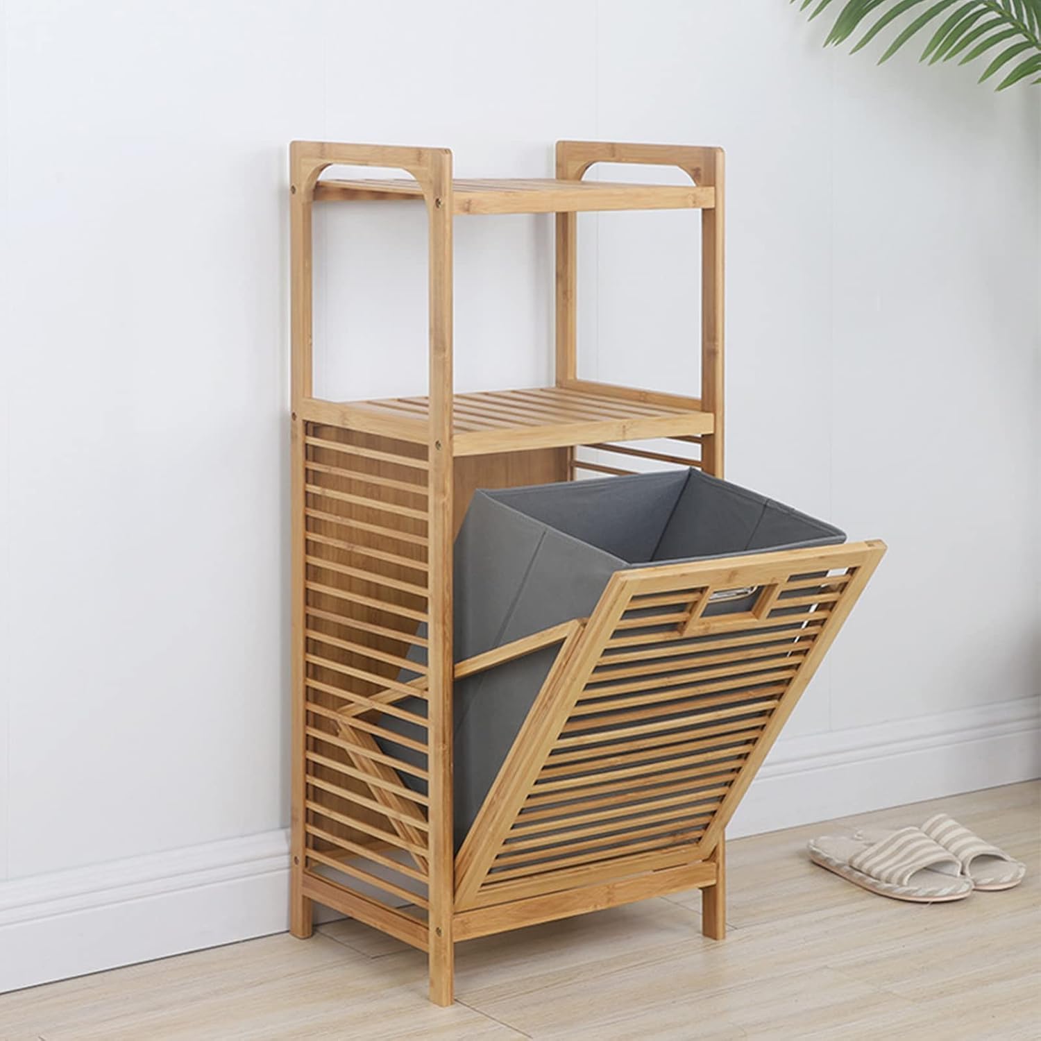 Bamboo Laundry Hamper & Tilt Out Laundry Room Storage with Shelves, Laundry Hamper with 2-Tier Shelves & Tilt Out Basket for Laundry Room, Bathroom, Nursery, Bedroom(2 Tier -5.7 * 11.8 * 37.4in)