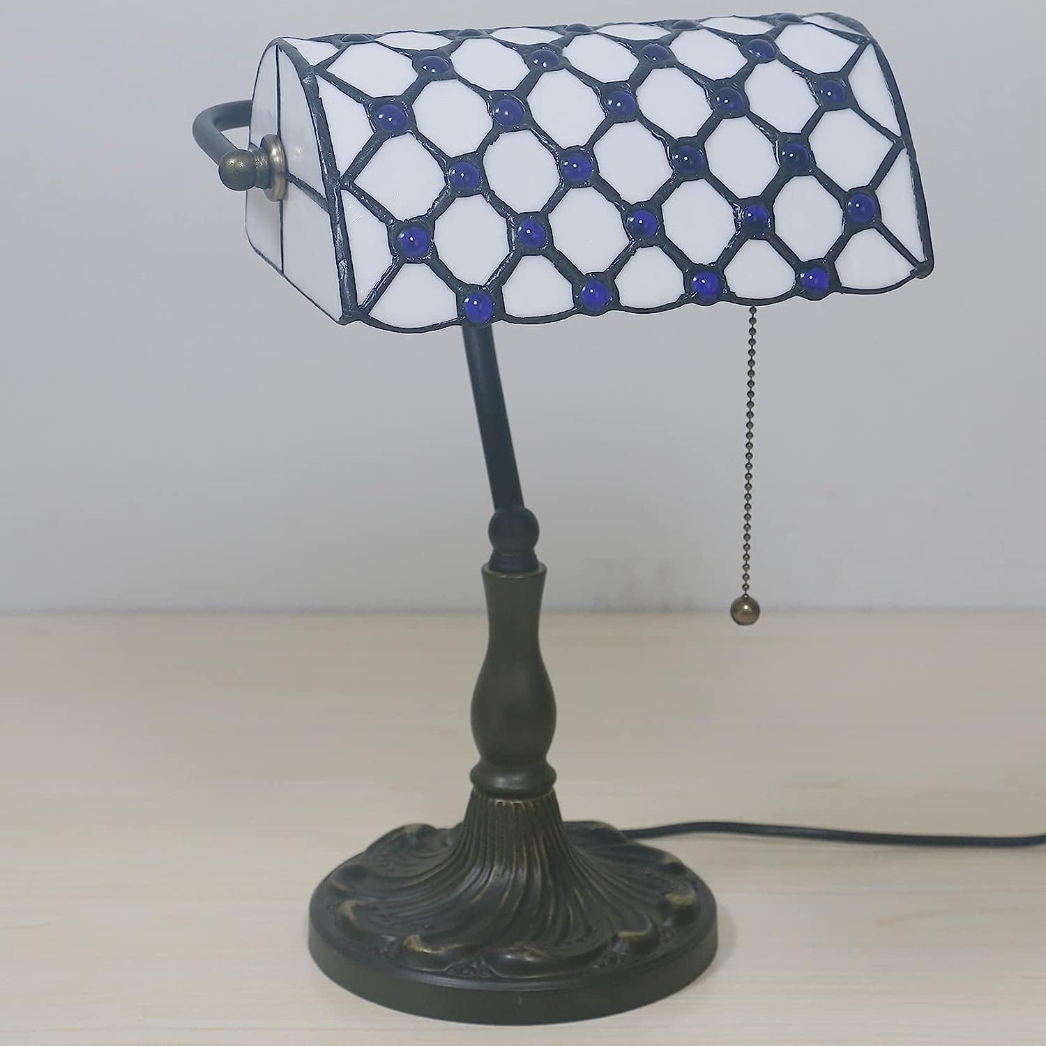 Bankiers Tischlampe, farbige Glaslampe, Kristallperlenschreibtischlampe, Schlafzimmer in der Nacht Leselampe (weiße Blaue Glasperlen Schatten) Innovate