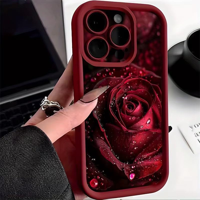 Image of COVERLY Red Rose Water Back Case for iPhone 12 Pro | 3D Gorgeous Raindrop Flower Cute Design | Camera Lens Protection | Soft TPU Silicone Aesthetic Print Cover for Girls & Women (Red, Shockproof)