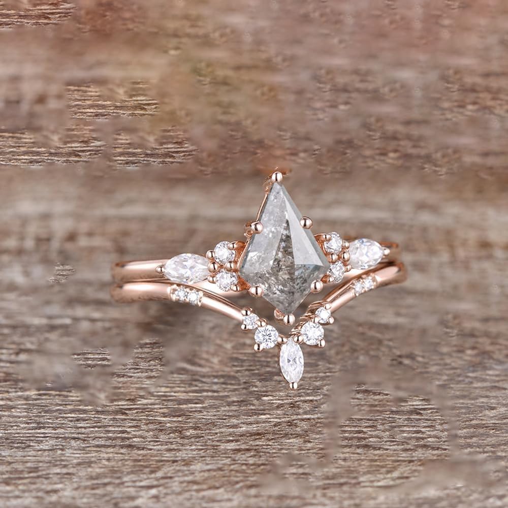 1.0 ct Kite Cut Salt And Pepper Diamond Rings For Women Natural Herkimer Diamond Engagement Rings Set S925 10K 14K 18K Gold Bridal Sets Wedding Rings