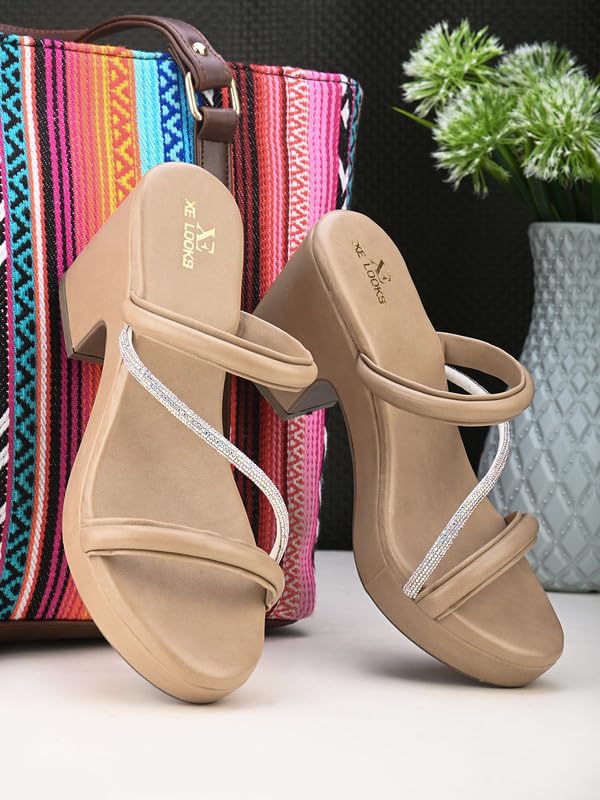 Image of XE Looks Fashion Sandals | Faux Leather Stylish and Comfortable Block Heel With Ankle Straps | For Wedding Occasion| For Women & Girls