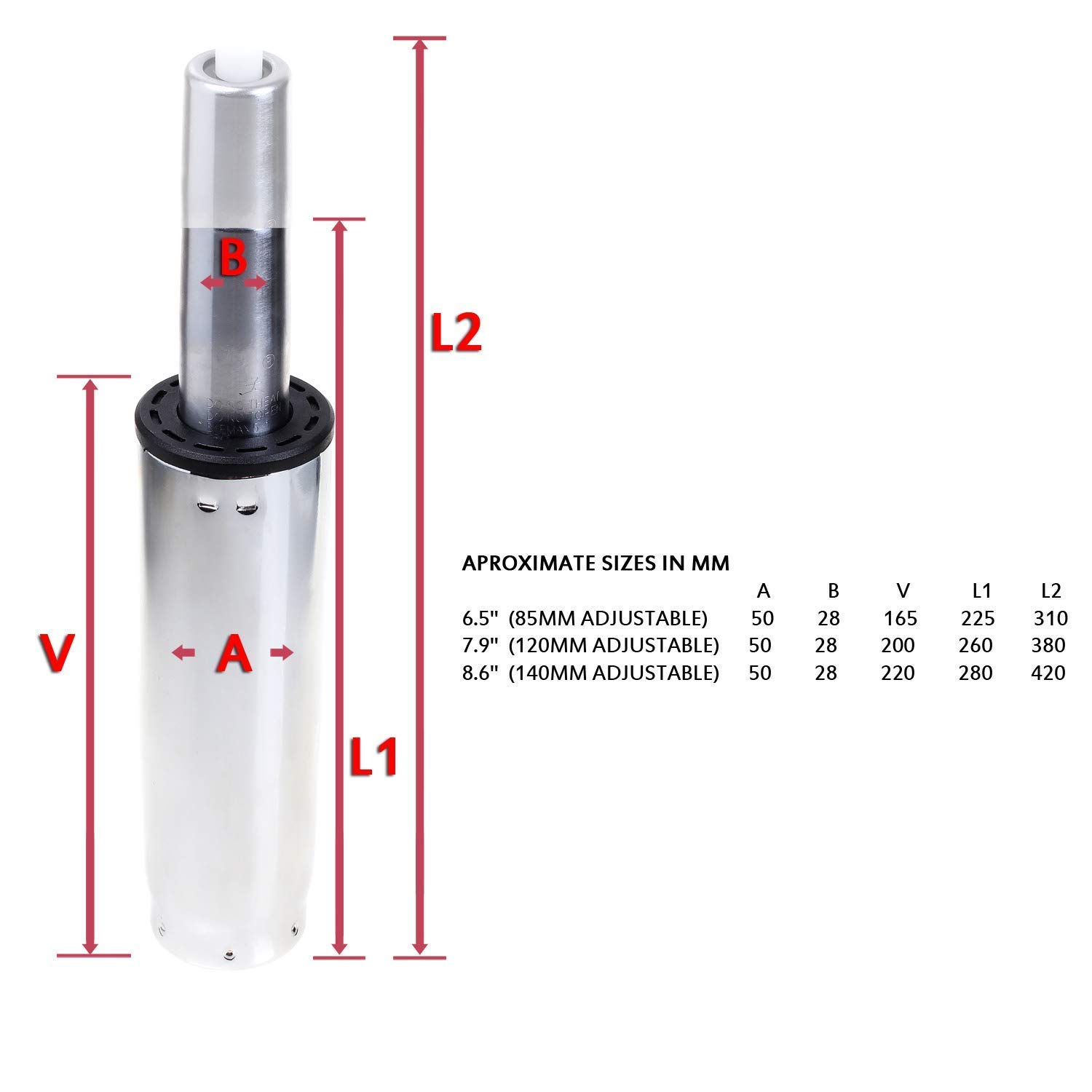 TUKA Pistone a Gas di Ricambio per Sedia da Ufficio, 8,6" / 220mm, 280mm-420mm Lunghezza Totale, Dritto Elevazione a Gas, Gas Cilindro, Molla a Gas Lift Computer Sedia da Ufficio, Chrome, TKD5202-140