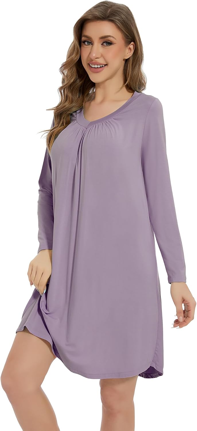 WiWi Women's Viscose from Bamboo Nightgown Long Sleeve Nightshirt Soft Sleep Dress Loose Comfy Pajama Sleepwear S-XXL - Image 3