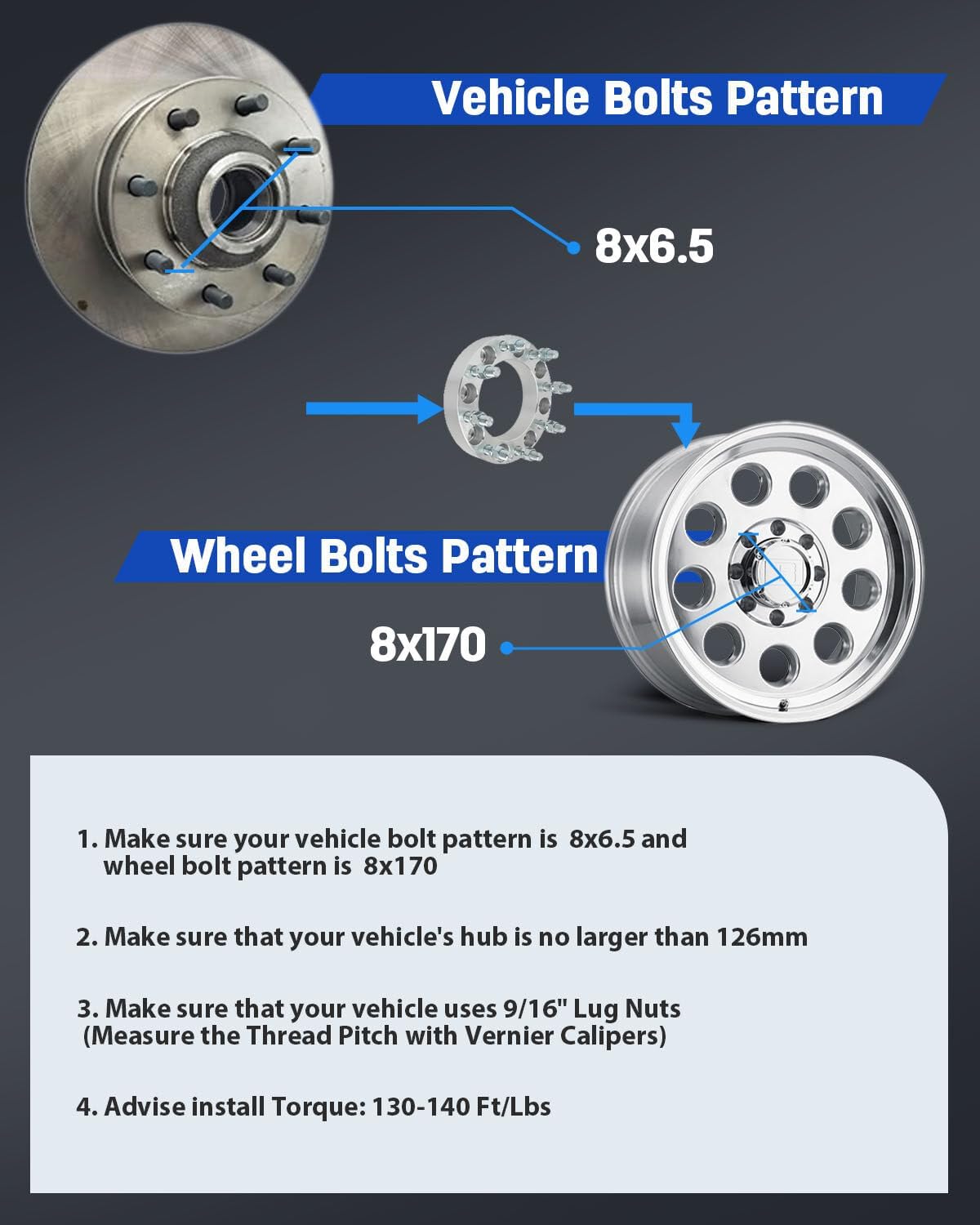 ECCPP 2PCS 8x6.5 to 8x170 Wheel Adapters Conversion 1.5" 8 Lug 9/16" 126mm hub bore (Only 8x170 Wheels) Compatible with for Ford F-350 1980-1996|for Ram 3500 2003-2006 2010