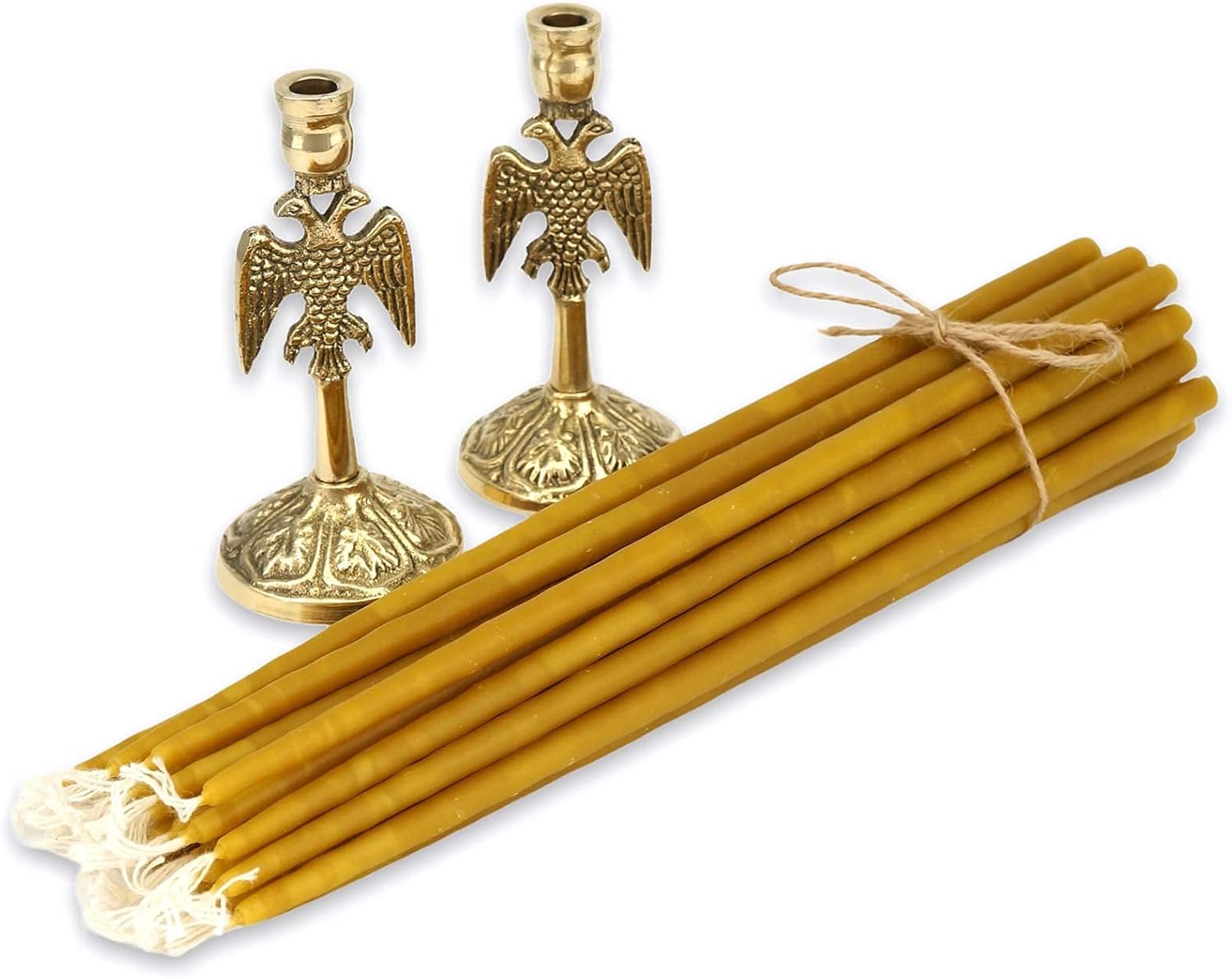 Set of 2 Eagle Design Brass Candle Holders and 20 Pure Beeswax Church Candles, Orthodox Tapers, Byzantine Candlestick, Home Altar