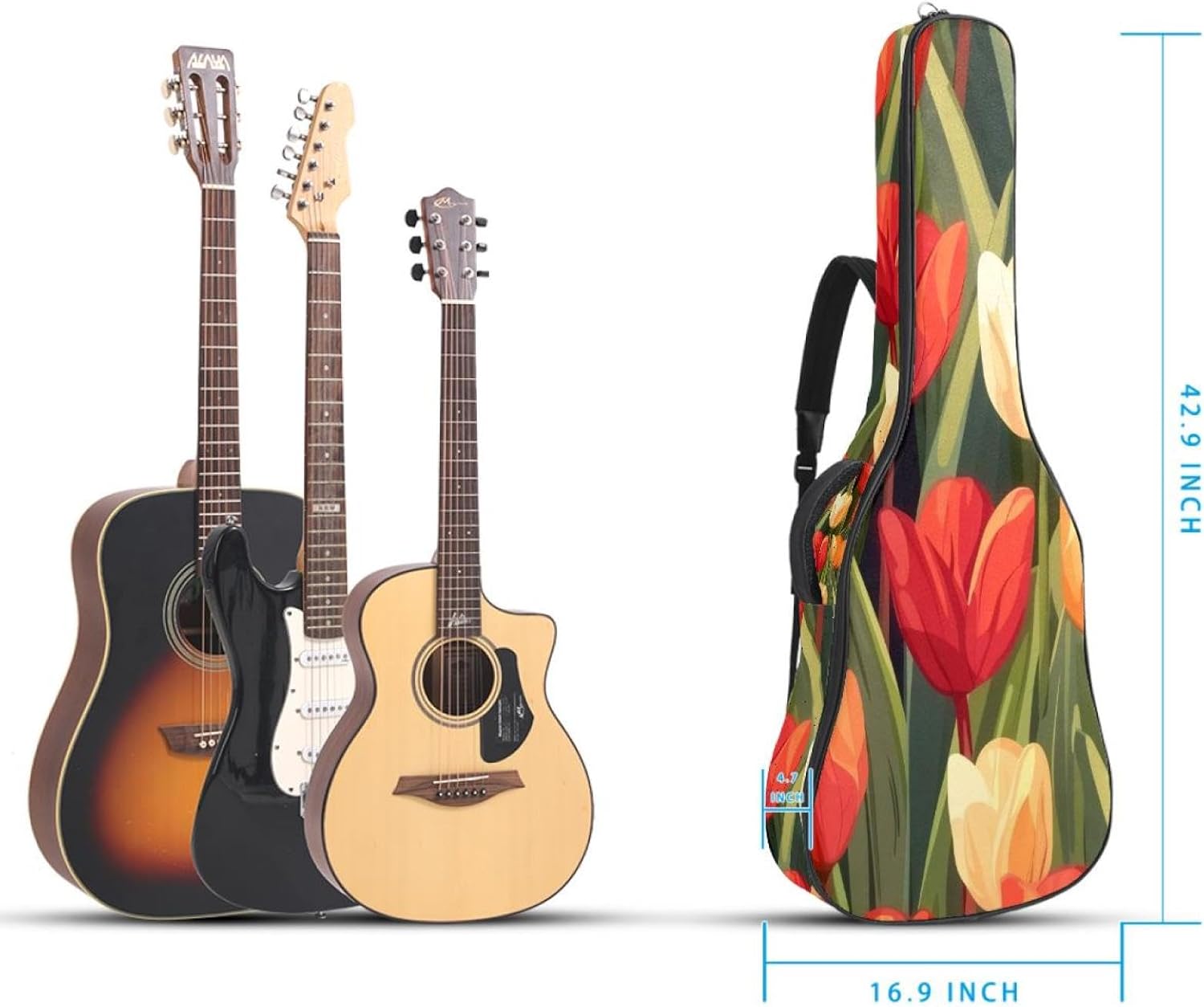 Acoustic Guitar Bag 0.4 Inch Thick Padding Waterproof Guitar Case Gig Bag for 40 41 42 Inch Electric Bass Classical Guitar, Tulips Seamless
