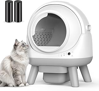 ELS PET Selbstreinigende Katzentoilette (Weiß und Grau) und Biologisch abbaubare Abfallsäcke (2 Rollen)