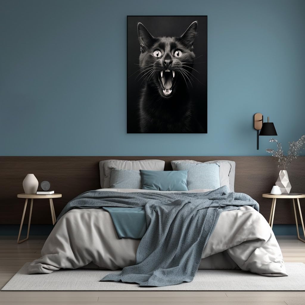 Canvas for Living room. Fierce Whiskers and Menacing Gaze: Unveiling the Thrilling 3D Black Cat Portrait, 27 x 18 inch Canvas Wall Art - Ready to Hang - 69x46 cm (27x18 inch)