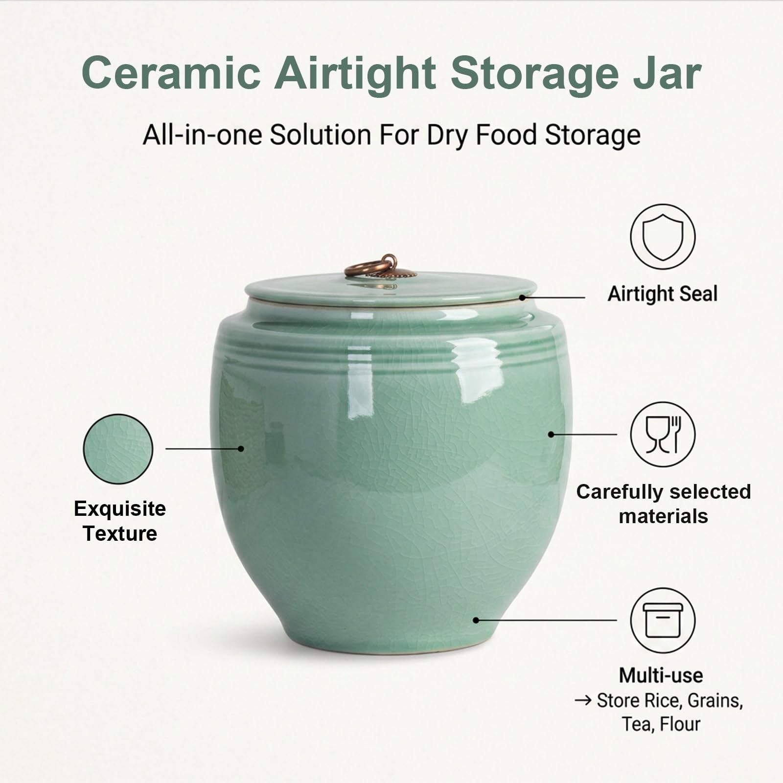 Grande Capacità Barattoli Da Conservazione, Vaso In Ceramica Coperchio | Barattolo In Ceramica, Conservare Riso Ad Ampia Capacità, Adatto Per Riso, Cereali(B-10kg)