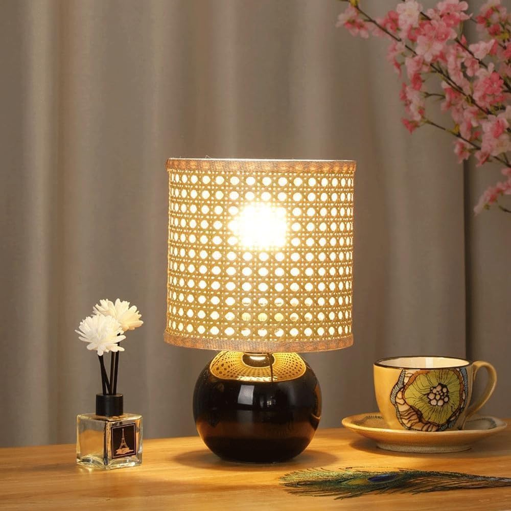Boho Woven Rattan Table Lamp Small Cute Ceramic Table Lamp Black Mid Century Table Lamp Vintage Coastal Bedside Lamp Rustic Nightstand Lamp for Bedroom Living Room Home Office Farmhouse