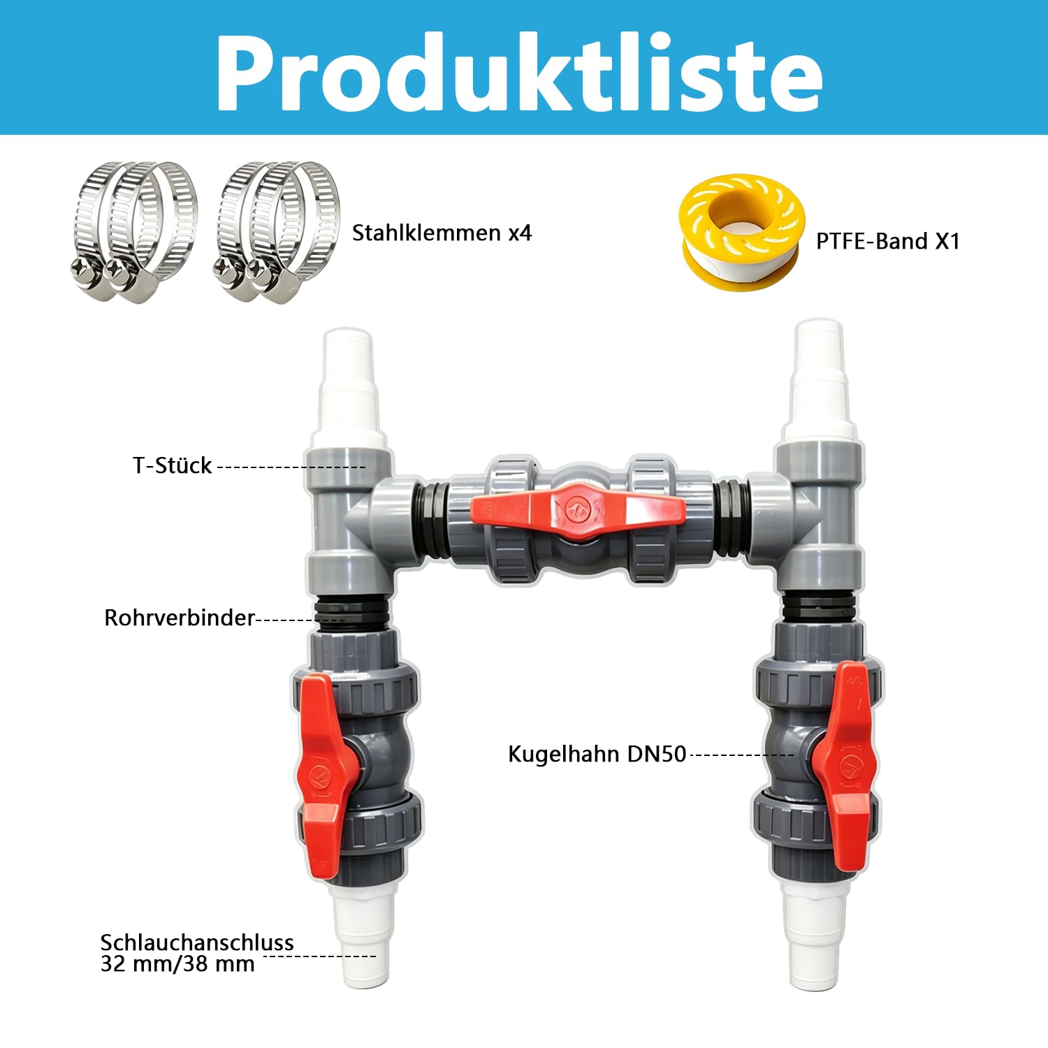 Set Bypass per piscina, diametro 50 mm, pompa di calore, set di collegamento per piscina con tubi da 32/38 mm e adattatori, regolazione del flusso d'acqua, per riscaldamento solare, impianti