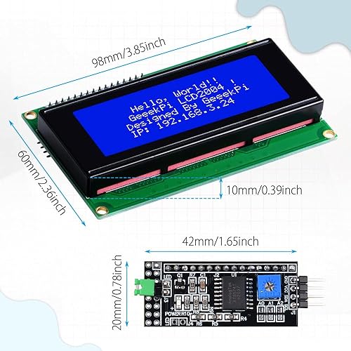 Miniatura 3 de GeeekPi IIC I2C TWI Serial LCD 2004 20x4 Módulo de pantalla con adaptador de interfaz I2C retroiluminación azul para Raspberry Pi Arduino STM32 DIY