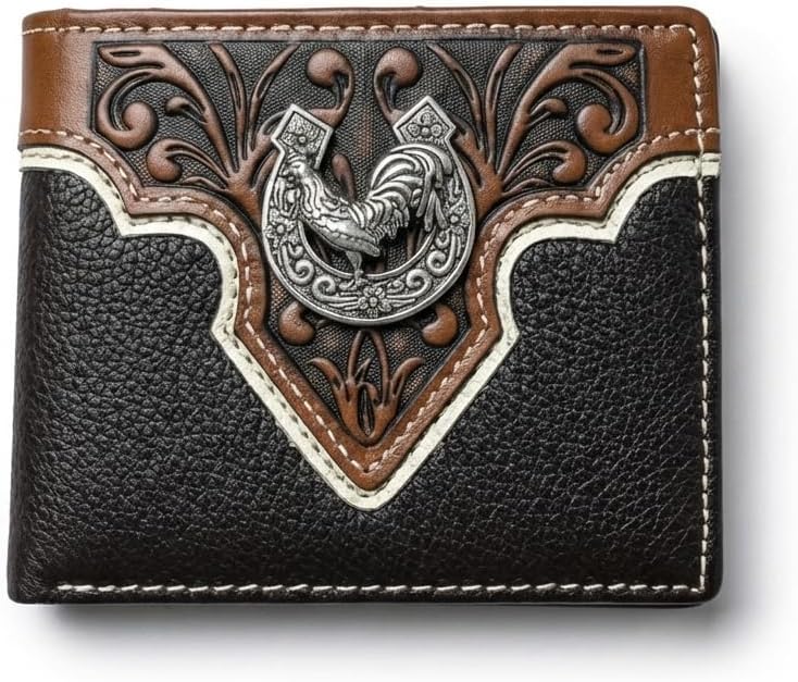 Men’s Short Leather Wallet – Hand Tooled Design with Horseshoe Rooster Concho – Western Cowboy Bifold Wallet for Ranchers, Farmers & Rodeo Gifts - Image 2
