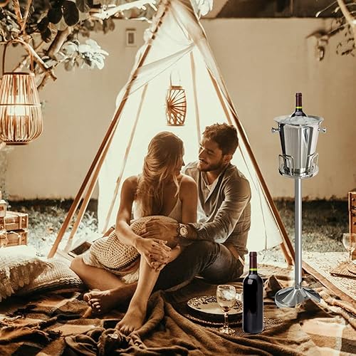 Miniatura 6 de Cubo de hielo con soporte 201 Cubo de hielo de acero inoxidable de pie martillado cubo de hielo de 13 libras con asa de transporte para vino,