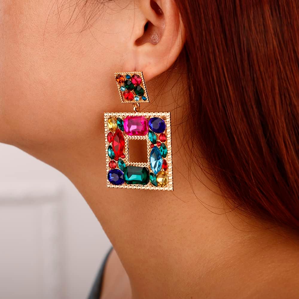 Denifery Rhinestone Geometric Bling Earrings Boho Crystal Earrings Bridal Wedding Earrings Rhinestone Statement Earrings for Women (Colorful) - Image 2