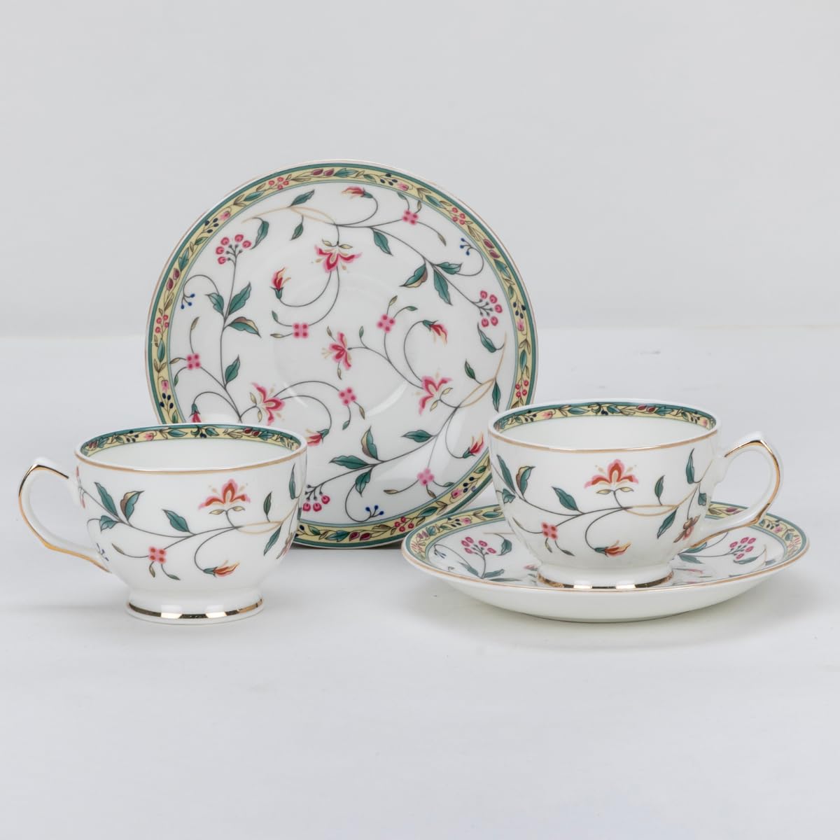 GOLDEN QUEEN'S Cup, Saucer & Spoons Set | Perfect for Hosting & for Tea/Coffee | Handcrafted in India | 24-Carat Gold Details | 6 Cups, 6 Saucers & 6 Spoons | 170 ml - Leafy Blush & Pink Charm 1