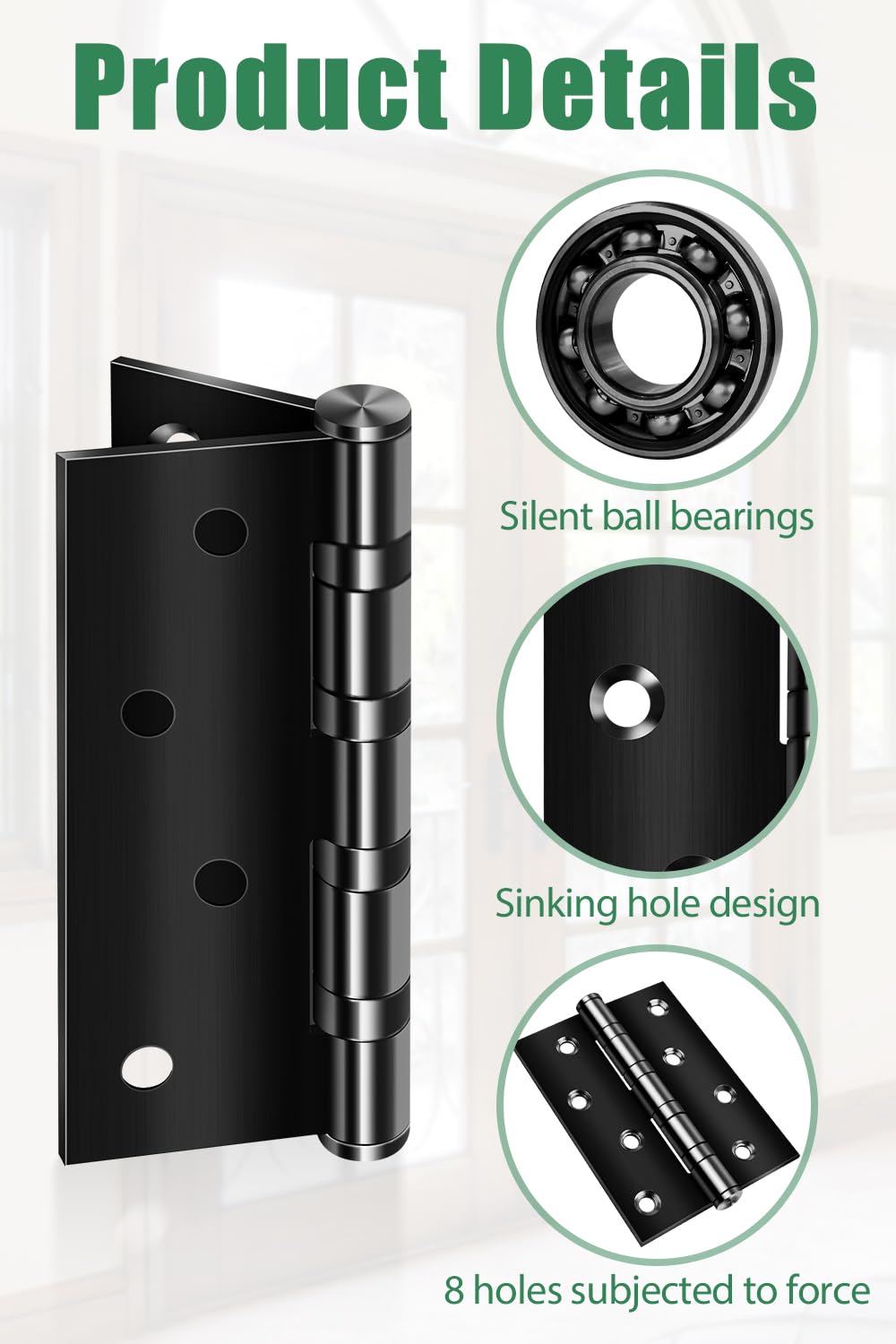 Heavy Duty Door Hinges Black 4 Inch (100mm), Bolatus Heavy Duty Ball Bearing Hinges Stainless Steel Door Hinge for Wooden Doors(1Pairs) - Image 3