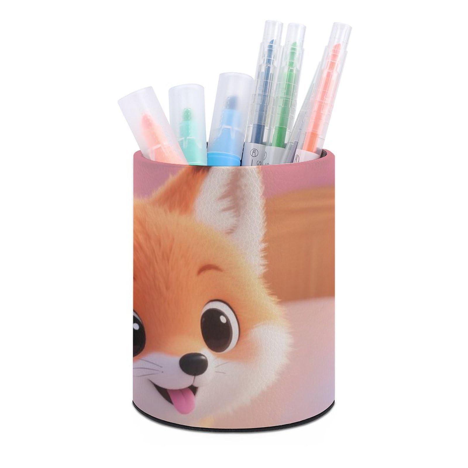 DWVTSLH Aesthetic Pen Holder for Desk - Modern Leather Pencil Holder - Stylish Round Makeup Brush Holder - Cute Fox Pen Cup Cute And Functional Desk Organizer for Office Supplies