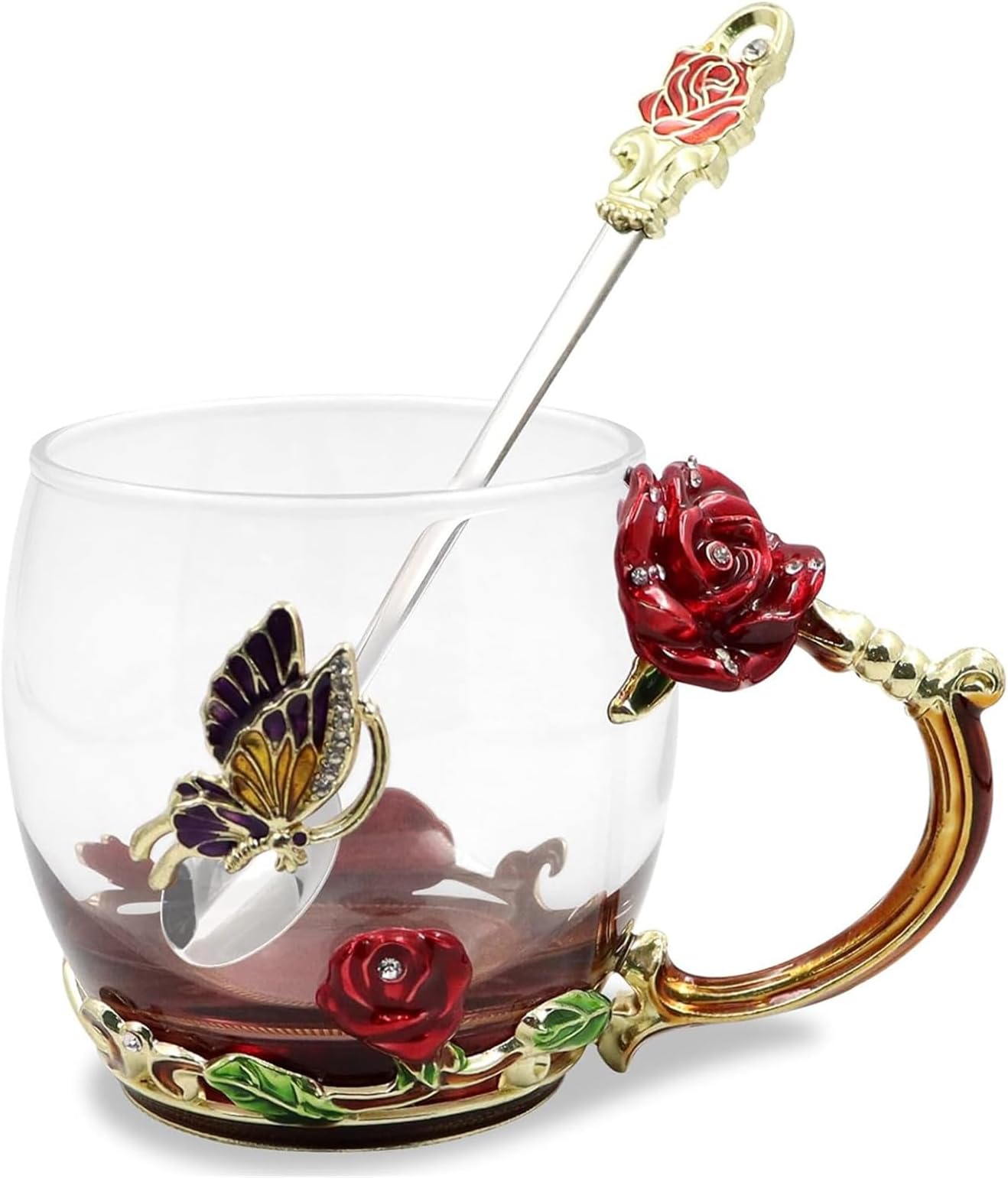 Enamel Butterfly Flower Tea Cup, Glass Coffee Mugs - Gifts for Women, Valentine's Mother's Day Wedding Anniversary Birthday Christmas Present for Mum Wife Her Grandma Teacher Friend (Red)