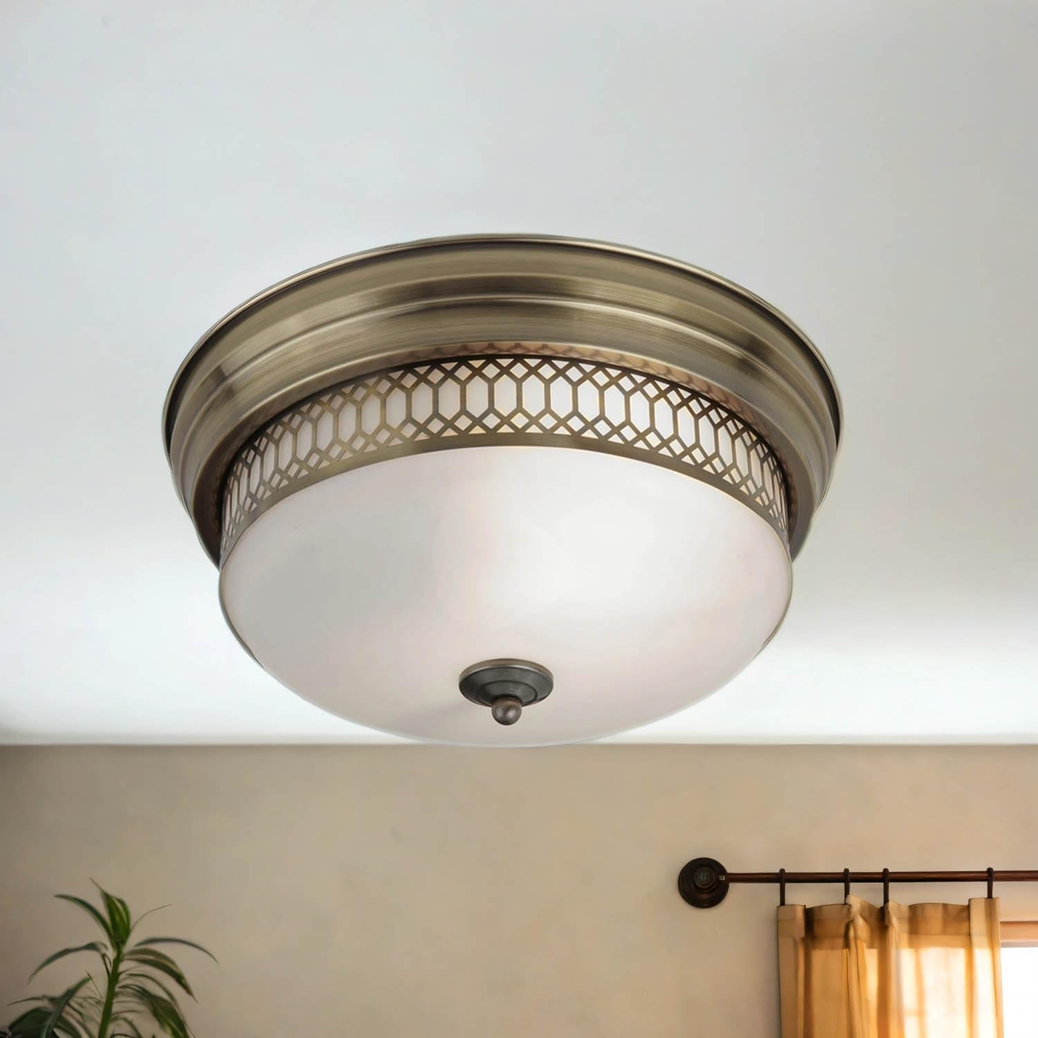 Licht-Erlebnisse Deckenleuchte Badezimmer Ø 35 cm H: 16 cm IP44 in Messing Antik Weiß 2x E27 Glas Metall Jugendstil Deckenlampe Badezimmerleuchte