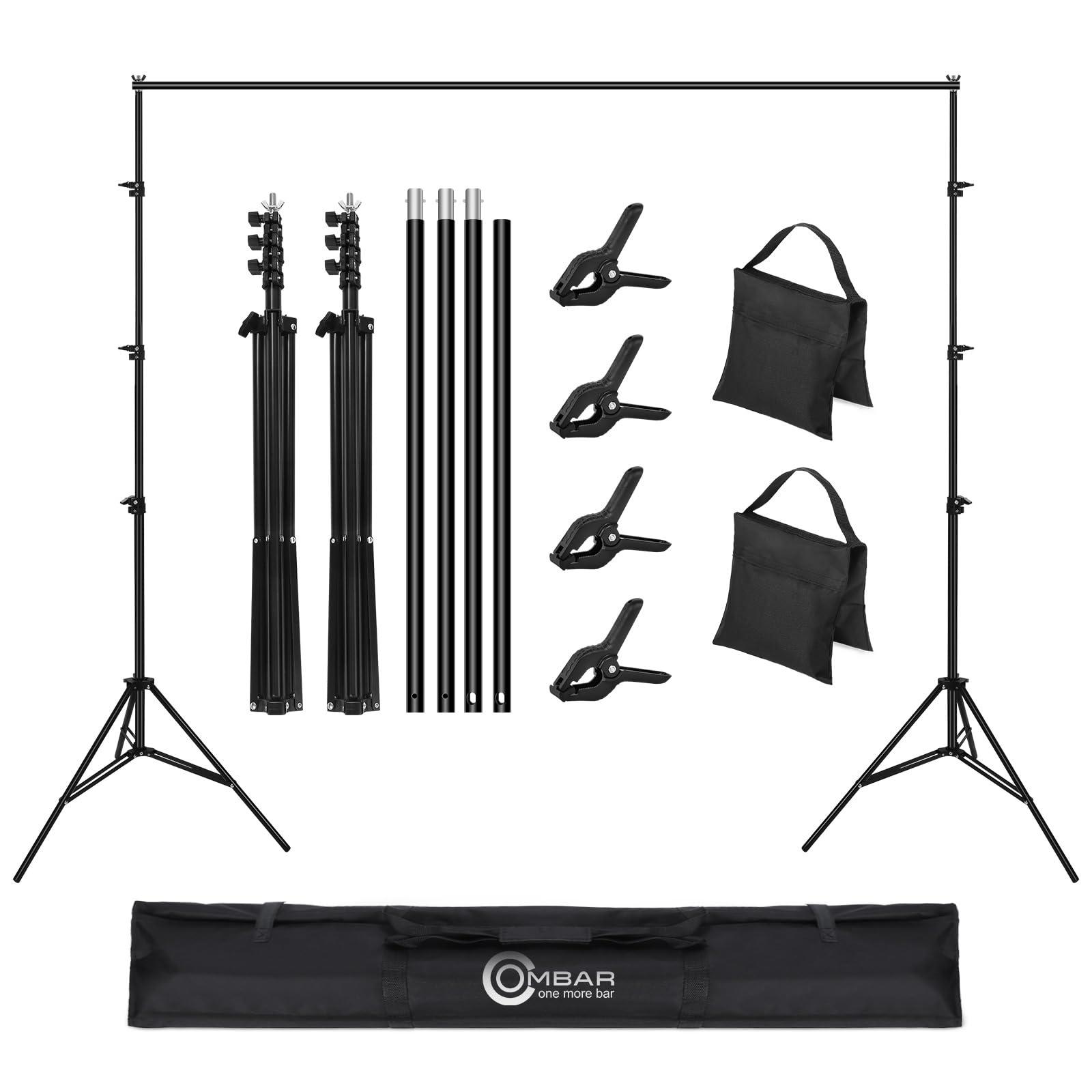 OMBAR 8.53x9.84ft/2.6x3m Supporto per Sfondo Fotografico Regolabile per Ritratto,Supporto Fondale Fotografico, 4 Morsetti per Sfondo e 2 Sacchi di Sabbia