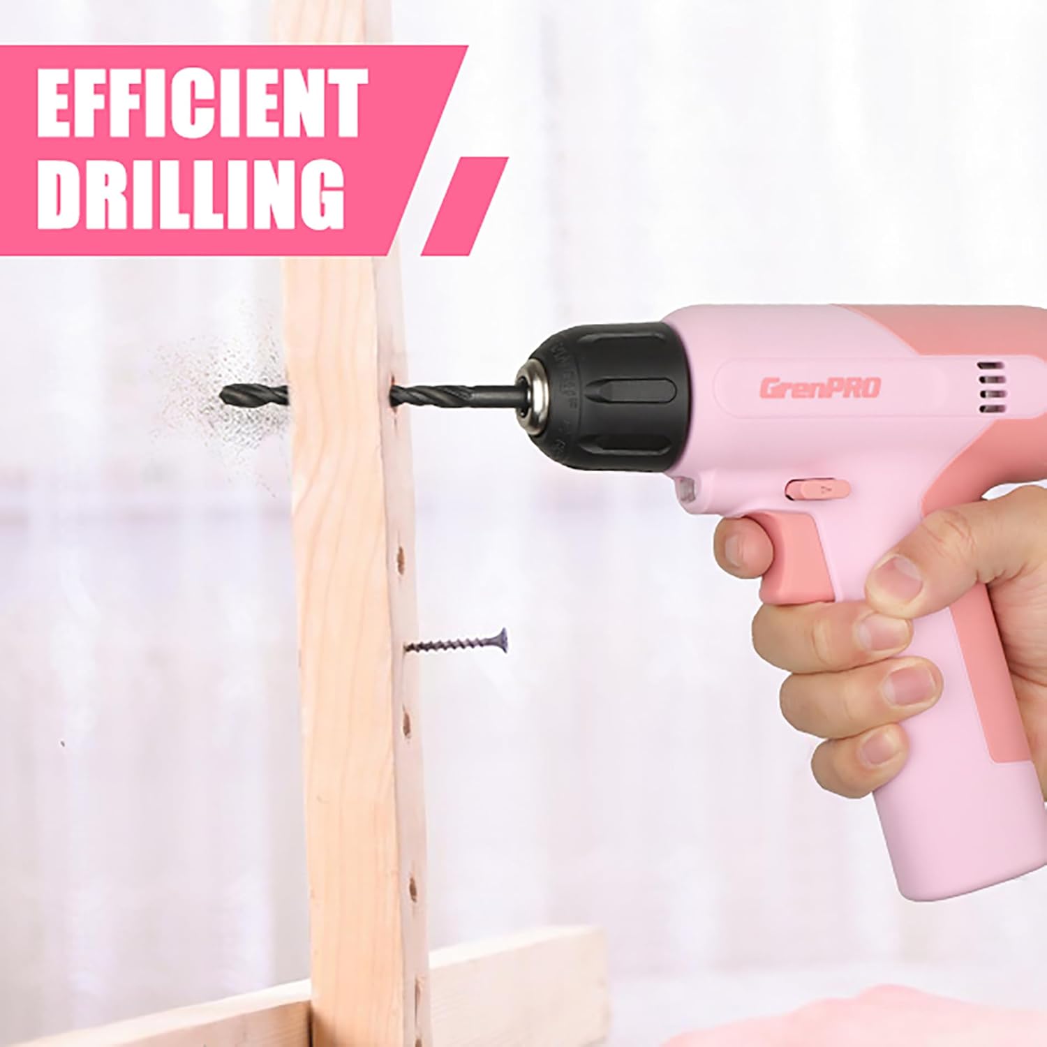 GRENPRO Cordless Drill, 7.2V Power Drill Set with 23pcs Acessories, 3/8" Keyless Chuck, Built-in LED, Type-C Charge Cable, Cleaning Brush Head, Pink Electric Screwdriver for Women