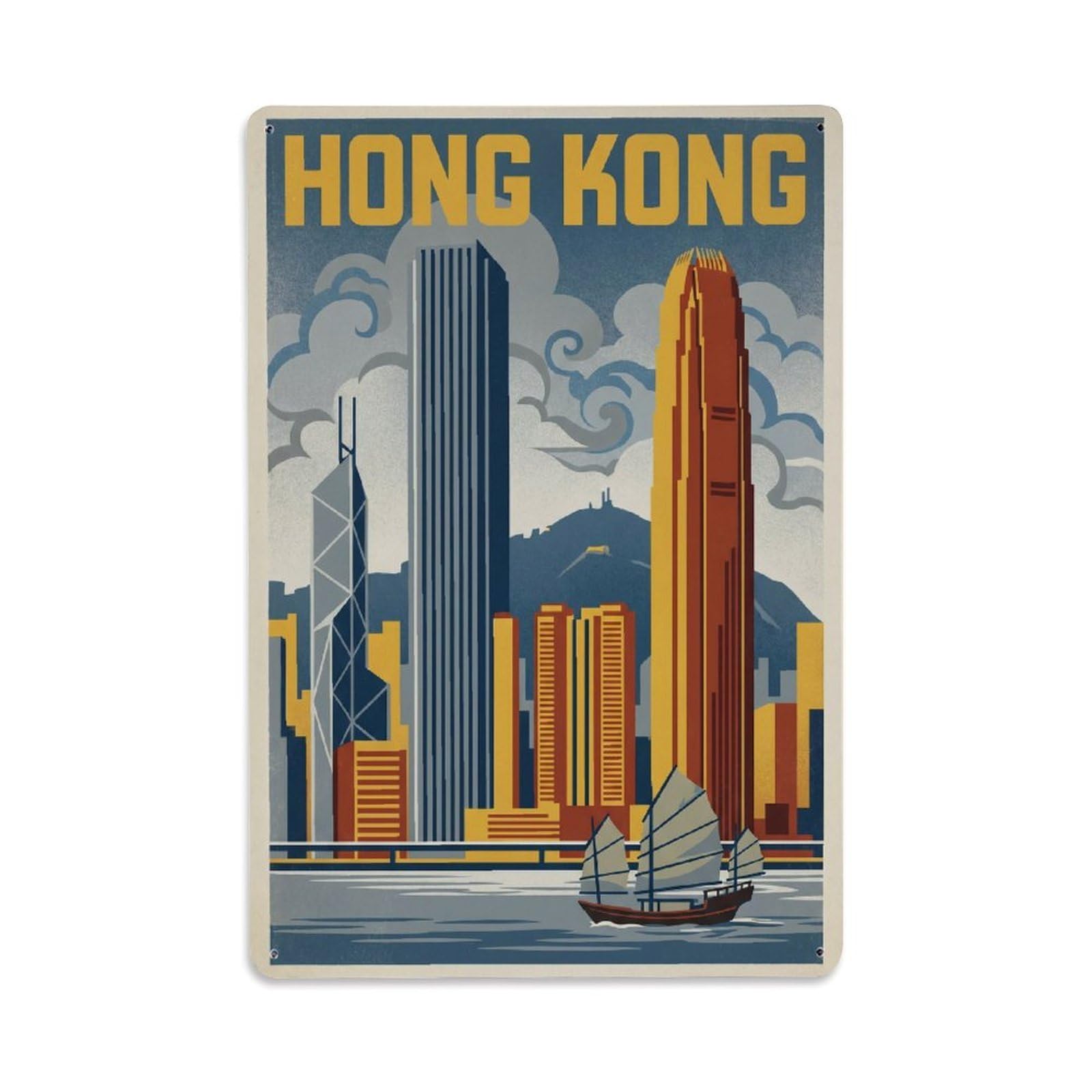 Huiyhb 8X12inch(20X30cm) Vintage Travel Hong Kong Skyline Metal Tin Sign
