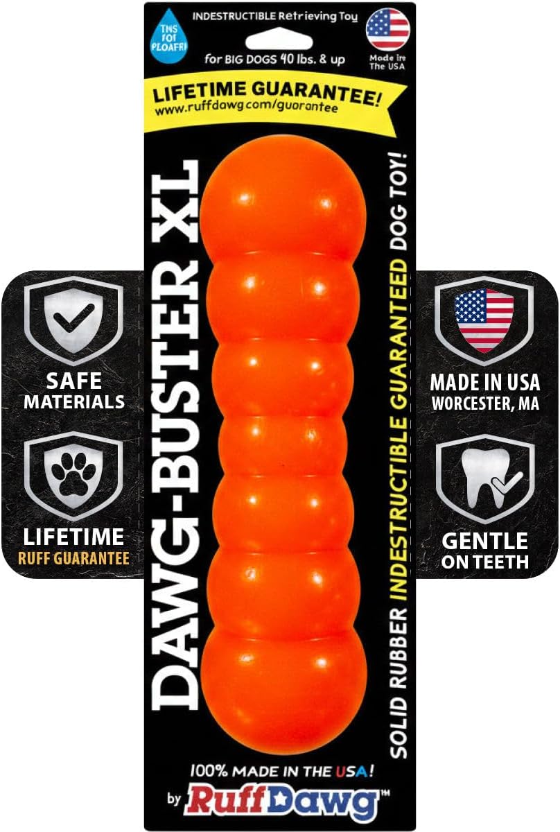 Indestructible Dawg-Buster XL – Heavy-Duty Solid Rubber Dog Chew Stick for Dogs 40 lbs & Up – Floats & Bounces – Made in USA – Assorted Neon Colors