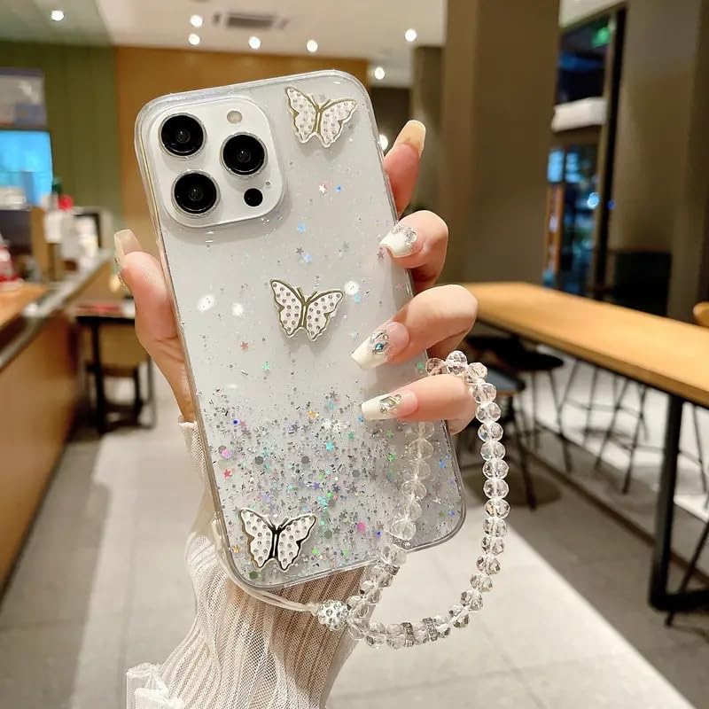 for iPhone 16e (2025) Bling Case with Lanyard, Shockproof Cute 3D Butterfly Glitter Soft TPU Woman Girly Sparkle Shiny Phone Cover with Crystal Wrist Strap for (Clear) - Image 2