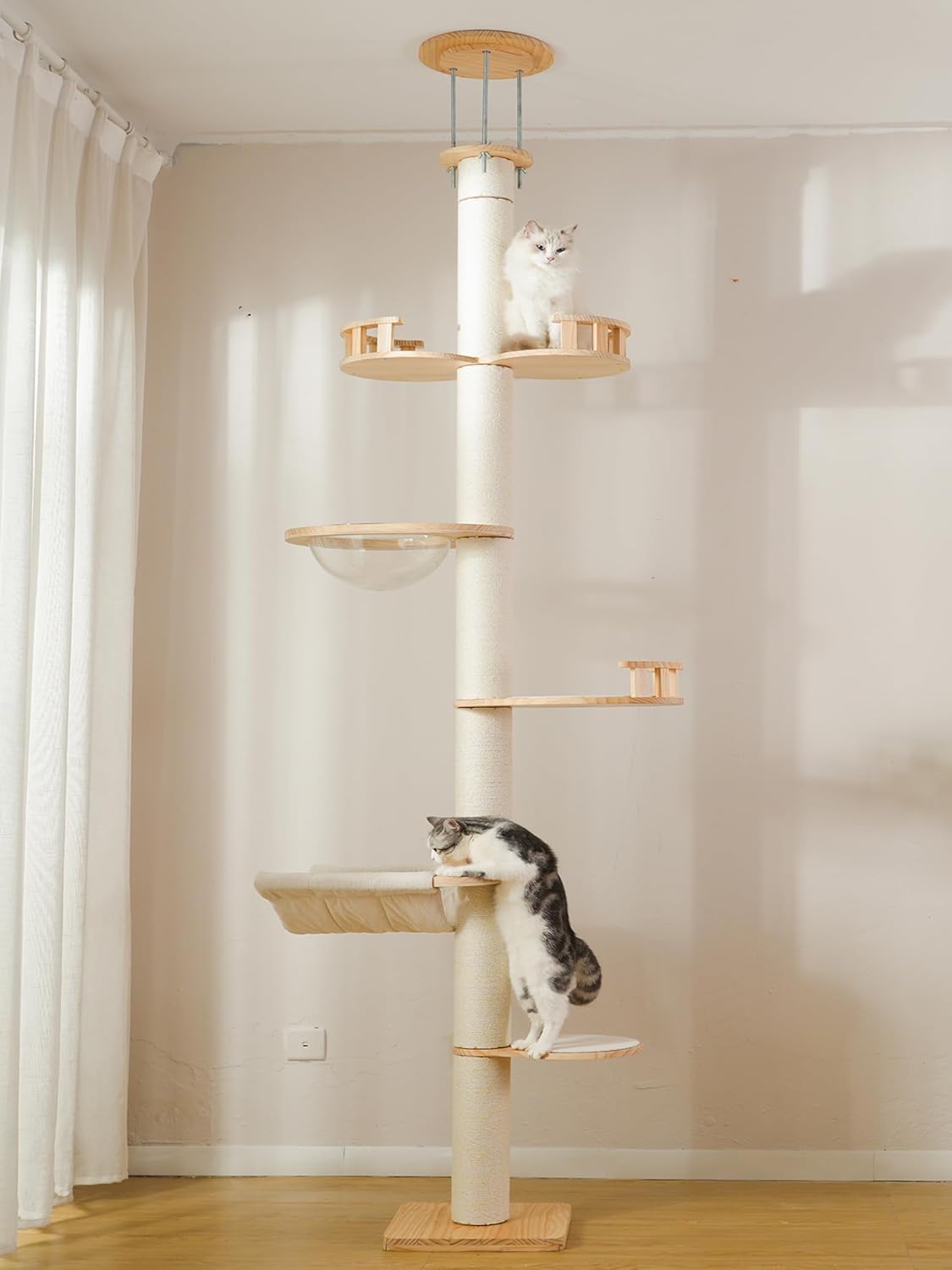 Floor to Ceiling Cat Tree, 5-Tier Adjustable Height(7.3-10.5ft) Solid Wood Climbing Tower with Sisal Scratching Posts, Transparent Capsule and Cozy Hammock