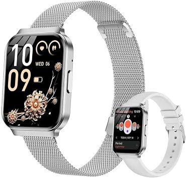 Welfit Womens Smart Watch, 1.75-inch Blood Pressure, Call/Message, Female Cycle Tracking, Heart Rate and Sleep Monitor, IP68 Waterproof for Android and iOS Silver 2 Straps