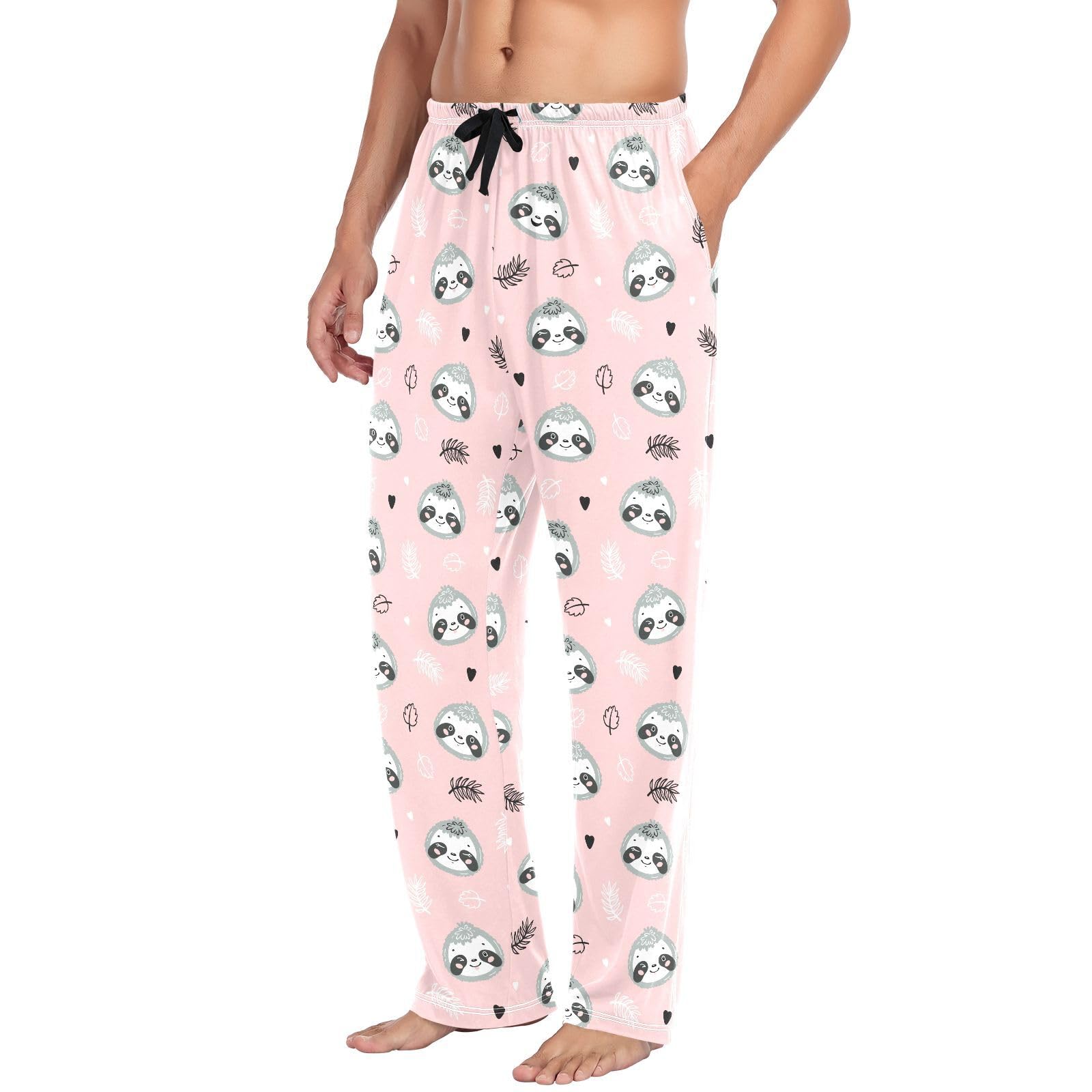 Pyjamahose für Herren, Faultiergesicht, tropisches Blatt, 100 % Baumwolle, Schlafhose, gerade Passform, Pyjamahose mit Taschen, Kordelzug, Größe L, mehrfarbig, L