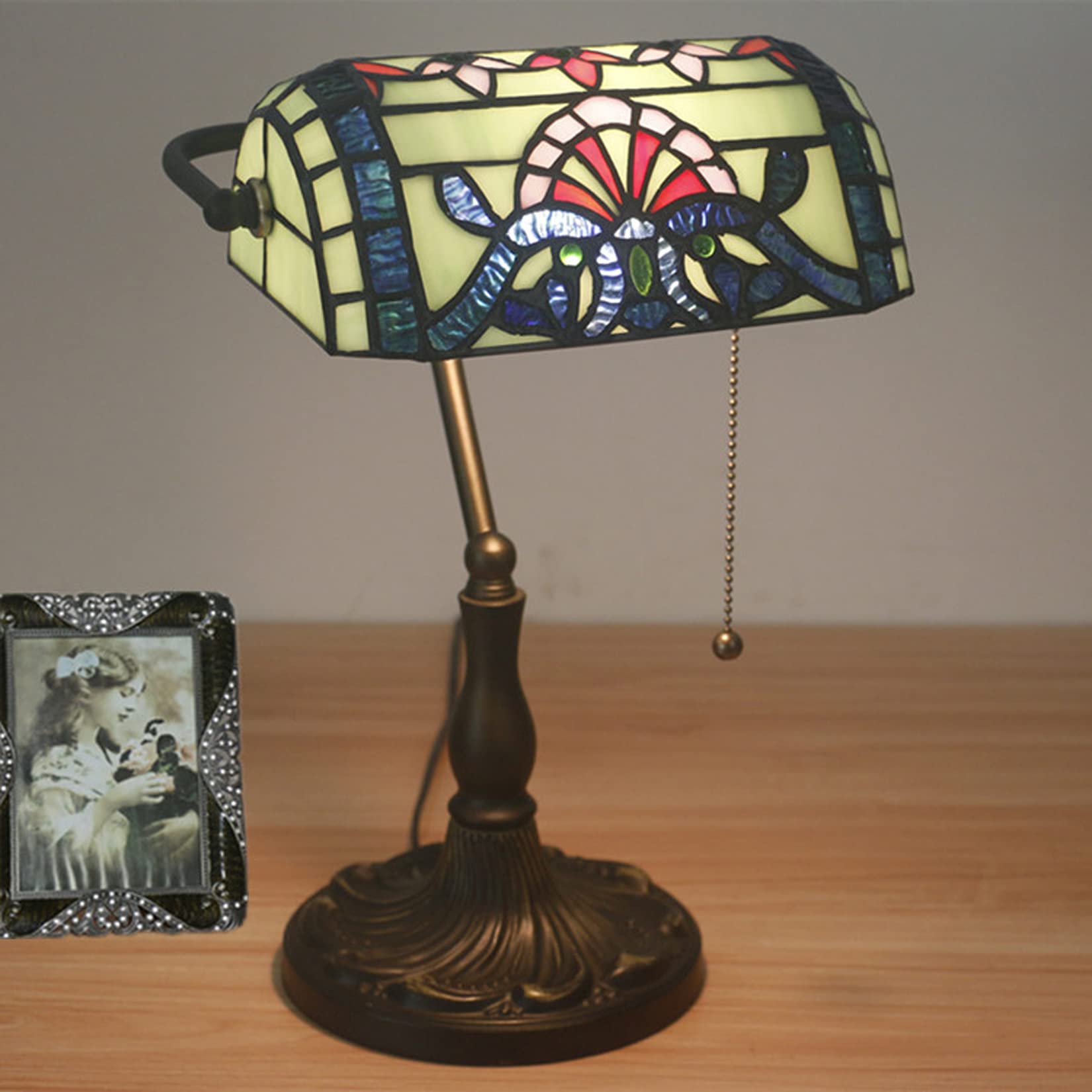 AIBOTY Tiffany Style Bankers Table Lamp Stained Glass Piano Desk Lamp Vintage Bedroom Bedside Lamp for Study,Antique Alloy Base,Zipper Switch,Green