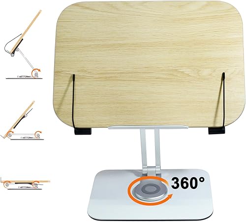 DCHAV Soporte de escritorio plegable para libros de cocina, soporte ajustable para partituras con base giratoria de 360 grados, clip de página de