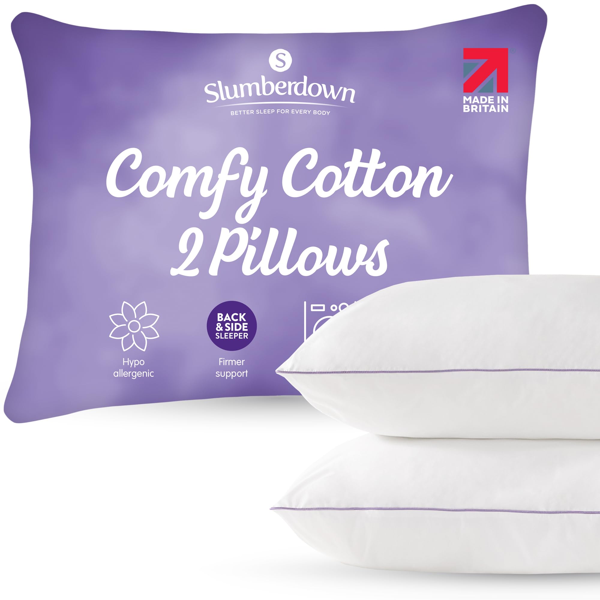 Slumberdown Cotton Pillows 2 Pack Premium Thick & Bouncy Hotel Pillow for Stomach, Back & Side Sleepers - Non-Allergenic Cotton Cover with Piped Edge, Made in the UK, Machine Washable (48 x 74cm)