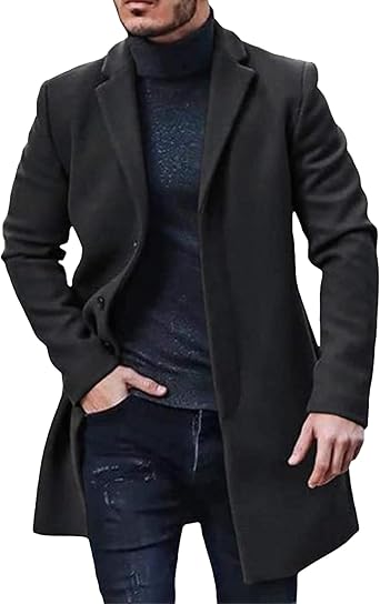 Maiyifu-GJ Mens Wool Blend Jacket Slim fit Long Trench Coat Single Breasted Notched Collar Overcoat Winter Warm Outerwear