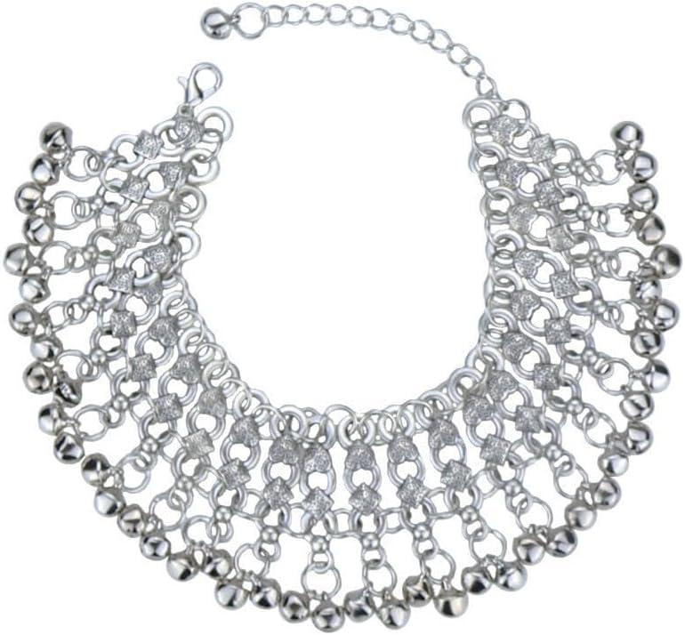 Silver Indian Jingle Bell Beaded Tassel Anklet Bracelet for Women Boho Sounds Bells Charm Adjustable Tribal Gypsy Vintage Ankle Wide Barefoot Sandals Foot Chain Summer Beach Bollywood Dance Jewelry