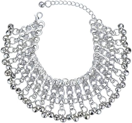 Silver Indian Jingle Bell Beaded Tassel Anklet Bracelet for Women Boho Sounds Bells Charm Adjustable Tribal Gypsy Vintage Ankle Wide Barefoot Sandals Foot Chain Summer Beach Bollywood Dance Jewelry