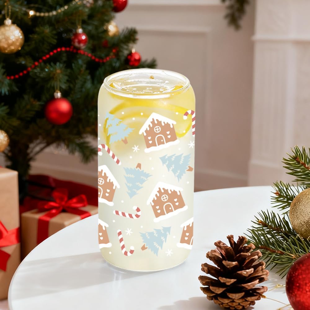 Lamyba Christmas Stocking Stuffers for Teen Girls, Christmas Gifts for Women - 16oz Cute Christmas Tree/Gingerbread House Cup, Christmas Glass Cups with Lid & Straw, christmas Themed Drinkin Can - Image 5