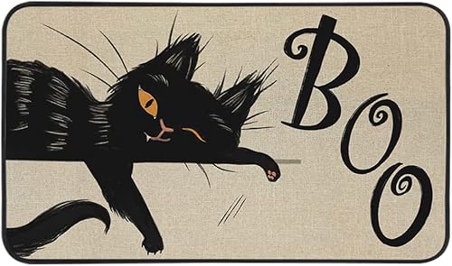 Tapete decorativo de bienvenida de gato negro de Halloween, 17 x 29 pulgadas, antideslizante y lavable, tapete de goma trasera de goma para