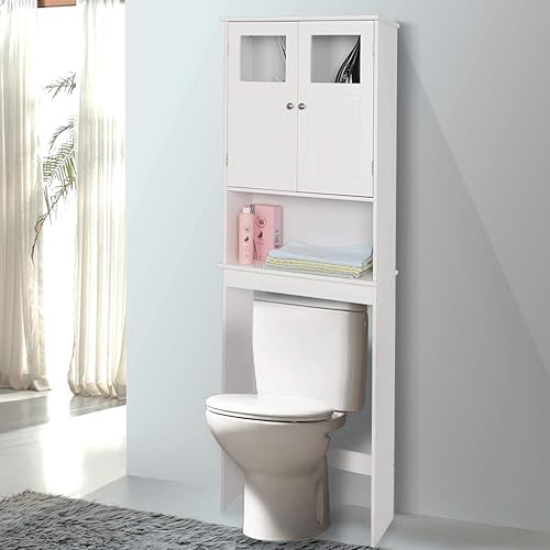 Miniatura 7 de Bonnlo Armario de almacenamiento sobre el inodoro con estante ajustable, organizador de suelo de baño blanco, ahorro de espacio con puertas dobles,