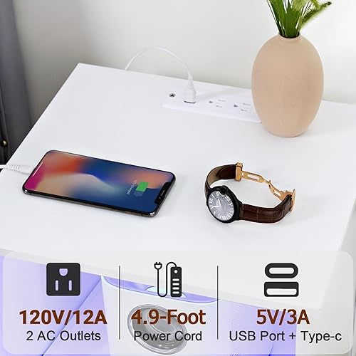 Miniatura 5 de LOAKEKEL Juego de 2 mesitas de noche blancas con estación de carga, mesas auxiliares con 3 cajones de tela, mesita de noche con puerto USB tipo C y