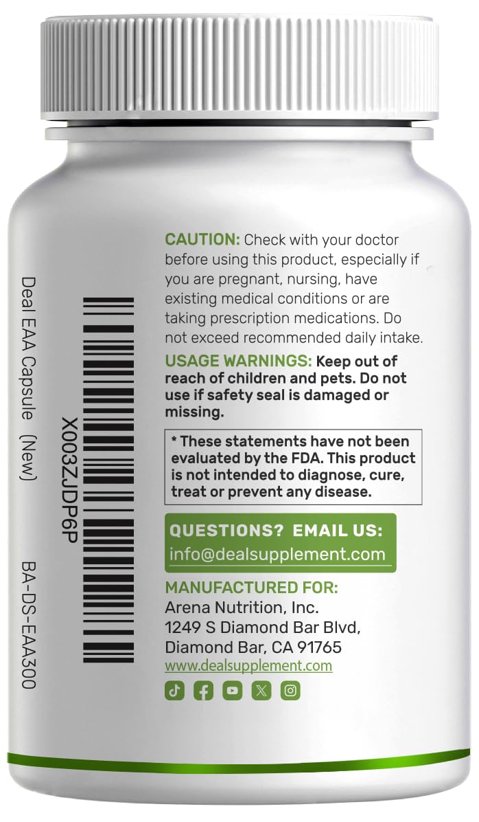 Essential Amino Acids (EAA) 2000mg Per Serving, 300 Capsules – Unflavored - 9 in 1, All BCAAs (Branched-Chain Aminos) – Lean Muscle Support & Natural Pre Workout Supplement — Amazon image 3